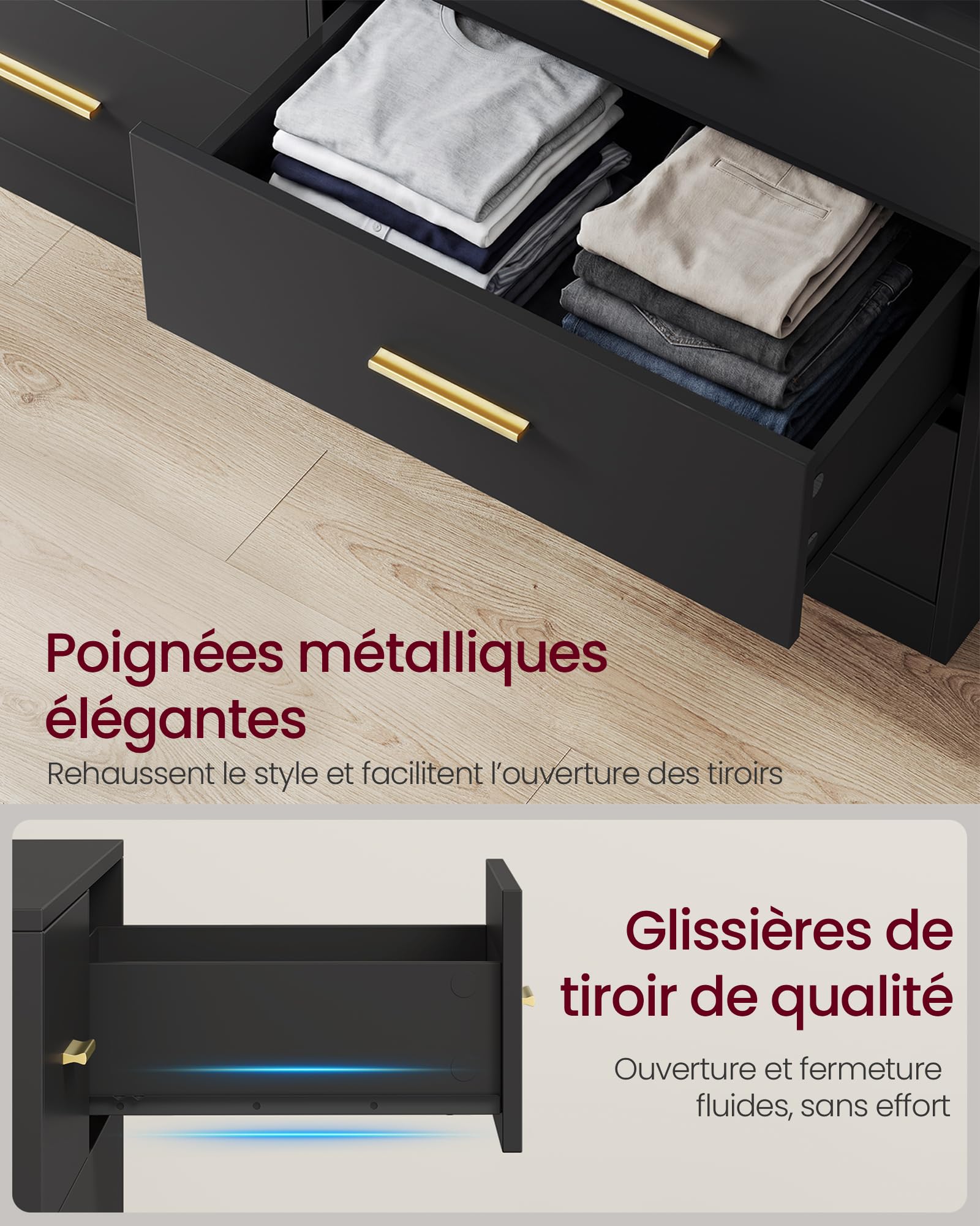 VASAGLE Custos Collection - Commode avec Éclairage LED et Multiprise Intégrée, Armoire de Rangement Moderne, pour Salon, Chambre, 6 Tiroirs, 40 x 119 x 81,2 cm, Noir d'encre LTS316BC01