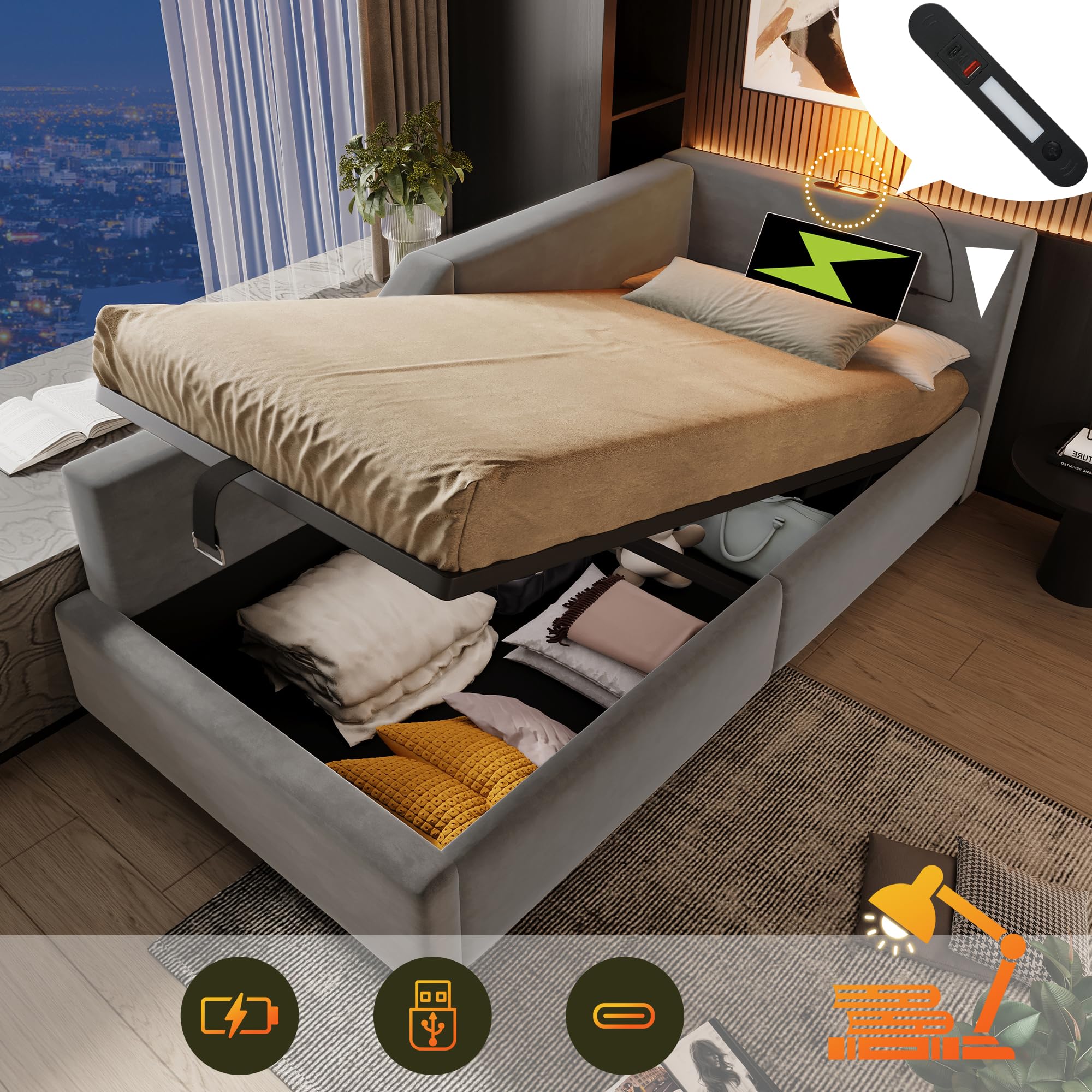 Letto Singolo con Contenitore 90x190 cm con luce di lettura e USB Type C,divano letto con spazio idraulico, Letto imbottito con Testiera, Letto con rete a doghe, Struttura Letto Singolo