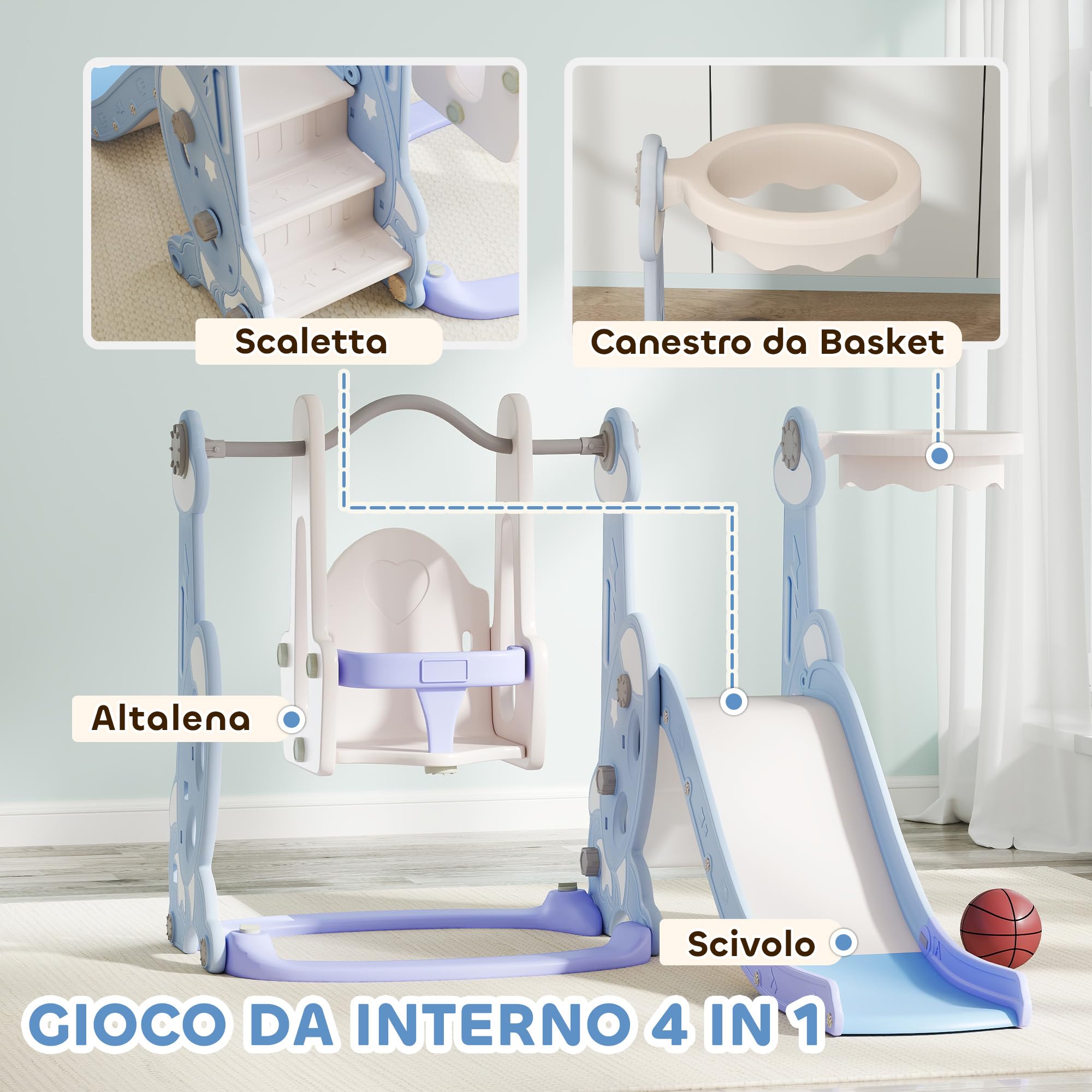 AIYAPLAY Scivolo per Bambini 4 in 1, Scivolo da Giardino Autoportante con Altalena, Scaletta da Arrampicata e Cestino da Basket, Set Parco Giochi per Interni ed Esterni, Cameretta, 18-48 Mesi, Azzurro
