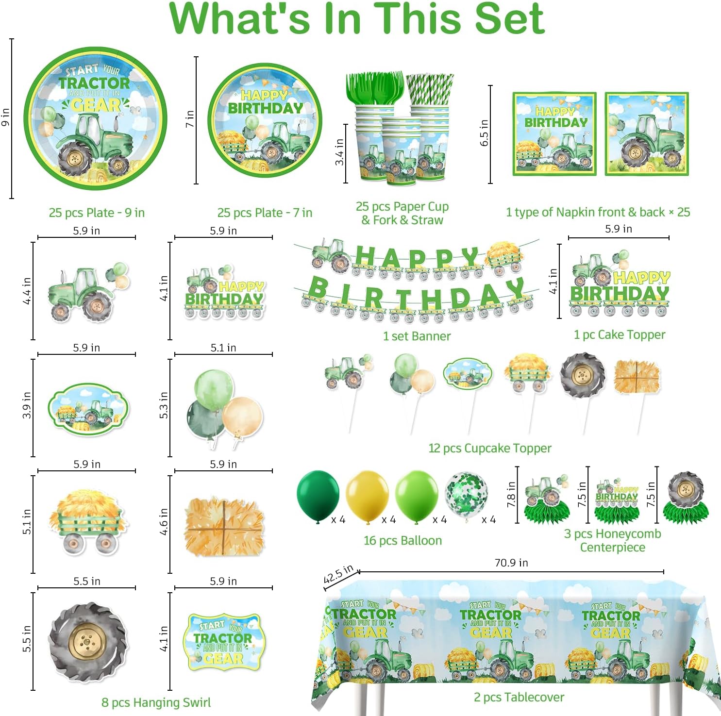201Pcs Tractor Birthday Decorations Tableware Set, Tractor Party Decorations Include Banner, Plates, Tablecloth and Cake Toppers Etc, for Tractor Birthday Party Supplies Serves 25 Guests