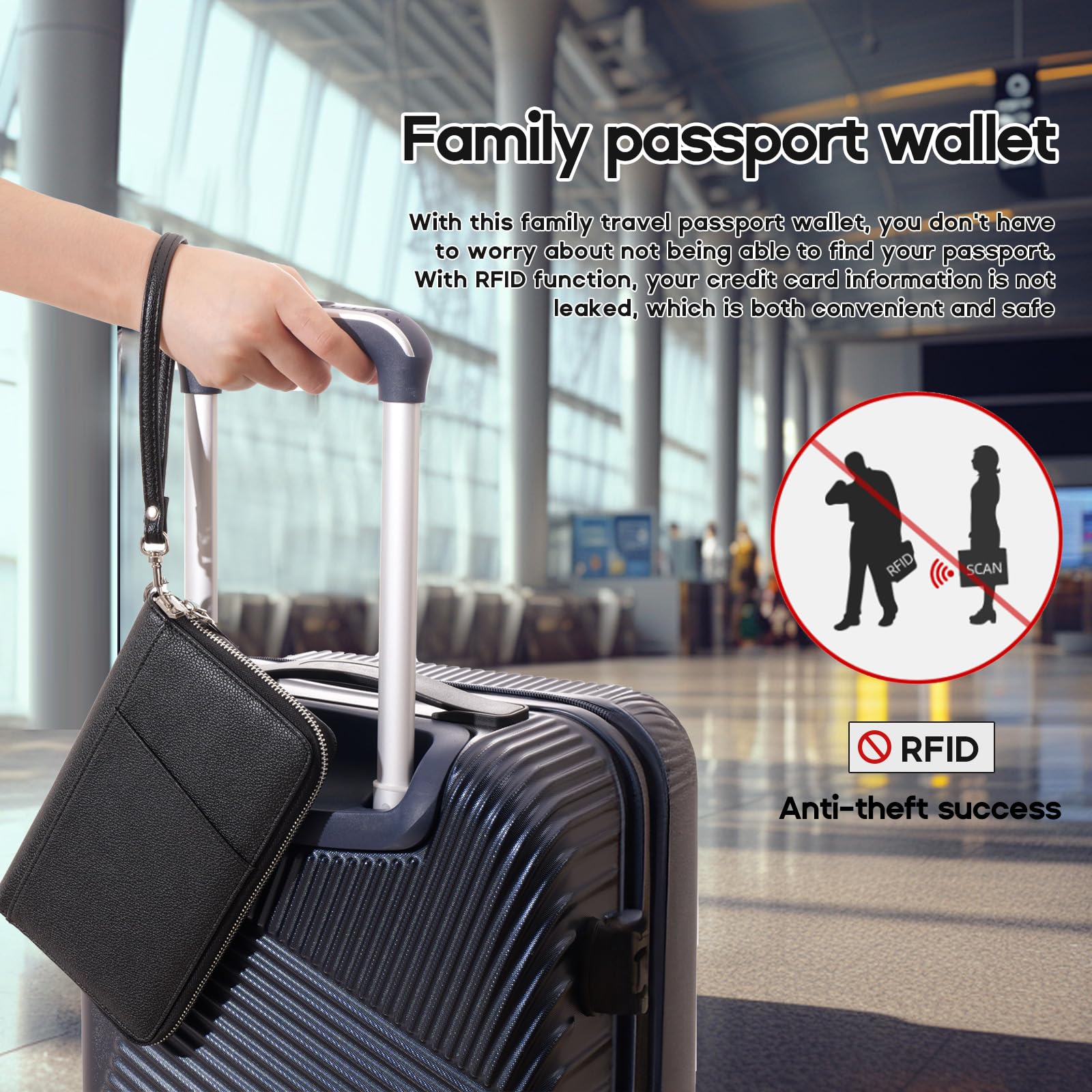 Porta passaporto di famiglia con blocco RFID, organizer per documenti da viaggio in pelle di alta qualità, per donne e uomini, portafoglio da viaggio per carte di credito, nero, compatto