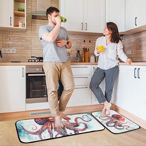 Miniatura 2 de ZENWAWA Juego de 2 tapetes de cocina (pulpo naranja) y antifatiga, acolchados, absorbentes de agua, antideslizantes, decorativas, para cocina,