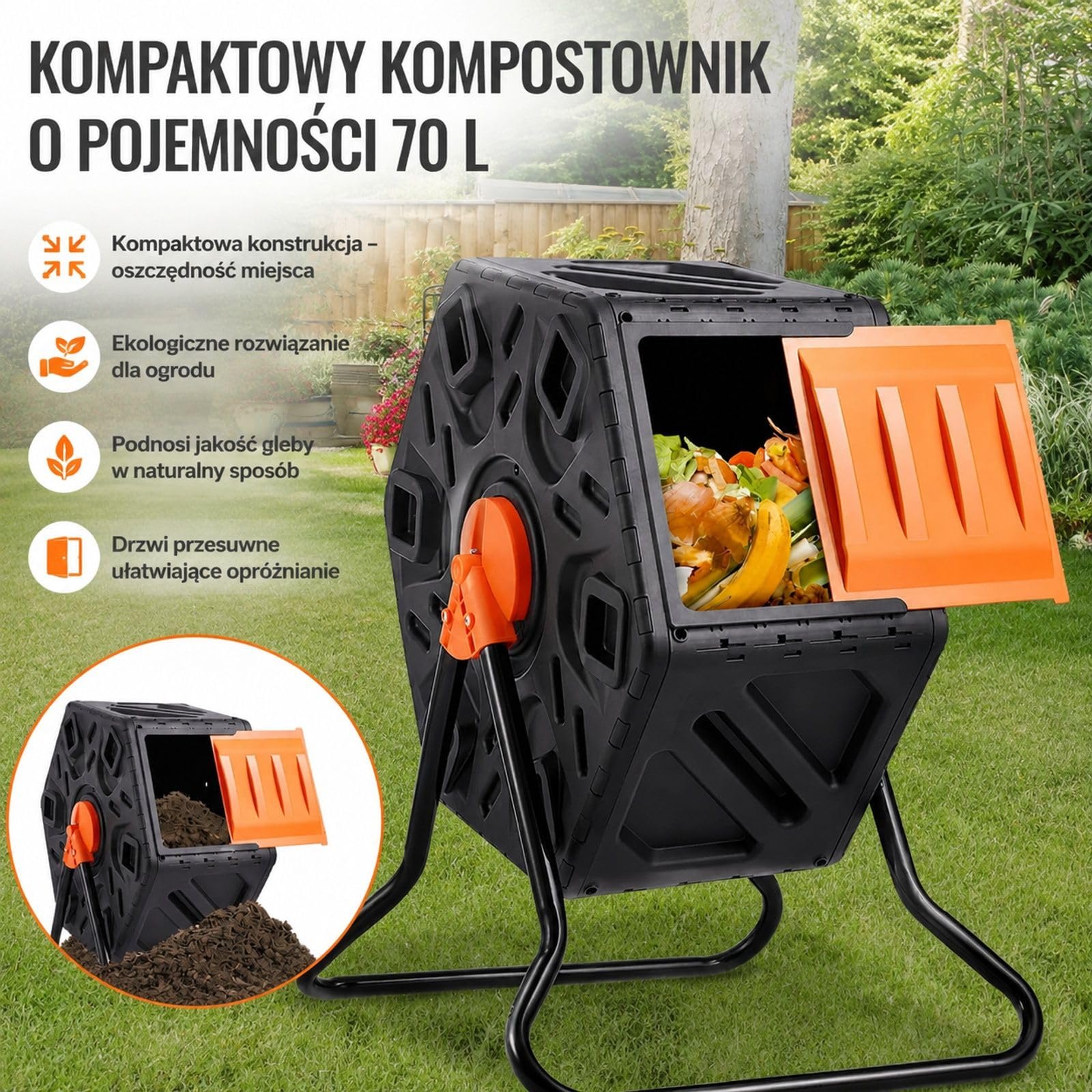 Obrotowy kompostownik ogrodowy 70 l z bębnem obracanym o 360°, konstrukcja z PP i Q235B, w zestawie rękawice
