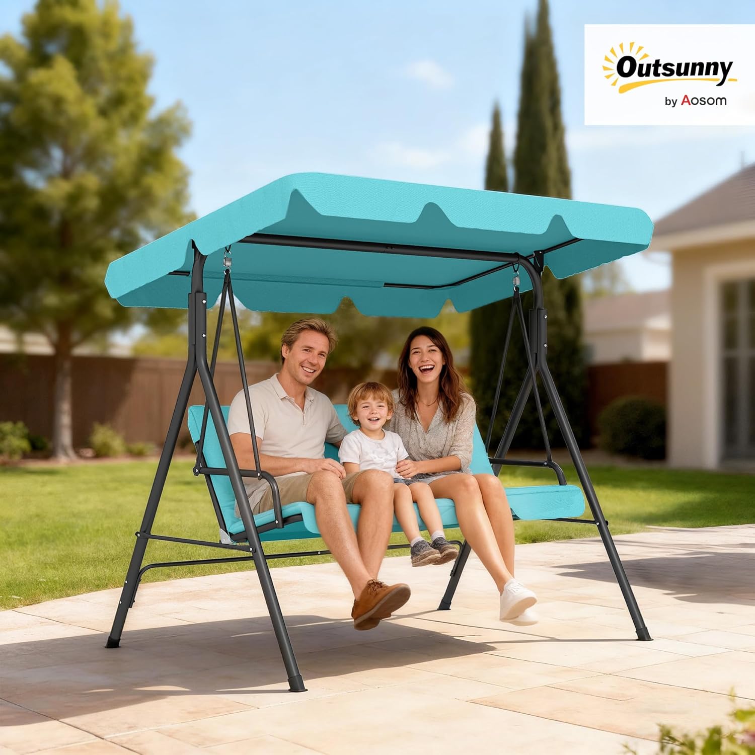Outsunny 3-Seat Outdoor Patio Swing Chair with Removable Cushion, Steel Frame Stand and Adjustable Tilt Canopy for Patio, Garden, Poolside, Balcony, Backyard, Green