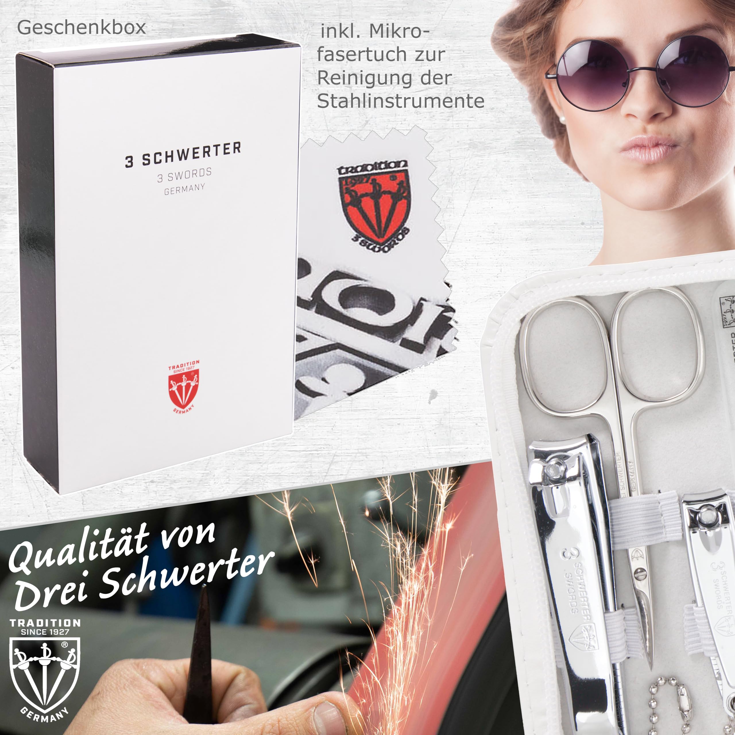 DREI SCHWERTER - Kit de manucure « Roma » – Étui à ongles avec 8 instruments : ciseaux à ongles, ciseaux à cuticules, coupe-ongles pied/doigts, cure-ongles, pince à épiler, lime à ongles en verre,