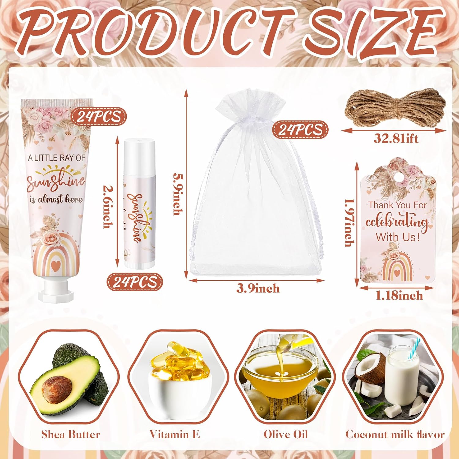 Lounsweer 24 Sets Boho Baby Shower & Baby Sprinkle Favors for Guests Rainbow Sunshine Hand Cream and Lip Balm Gift Set with Organza Bags and Thank You Cards Travel Size Lotion