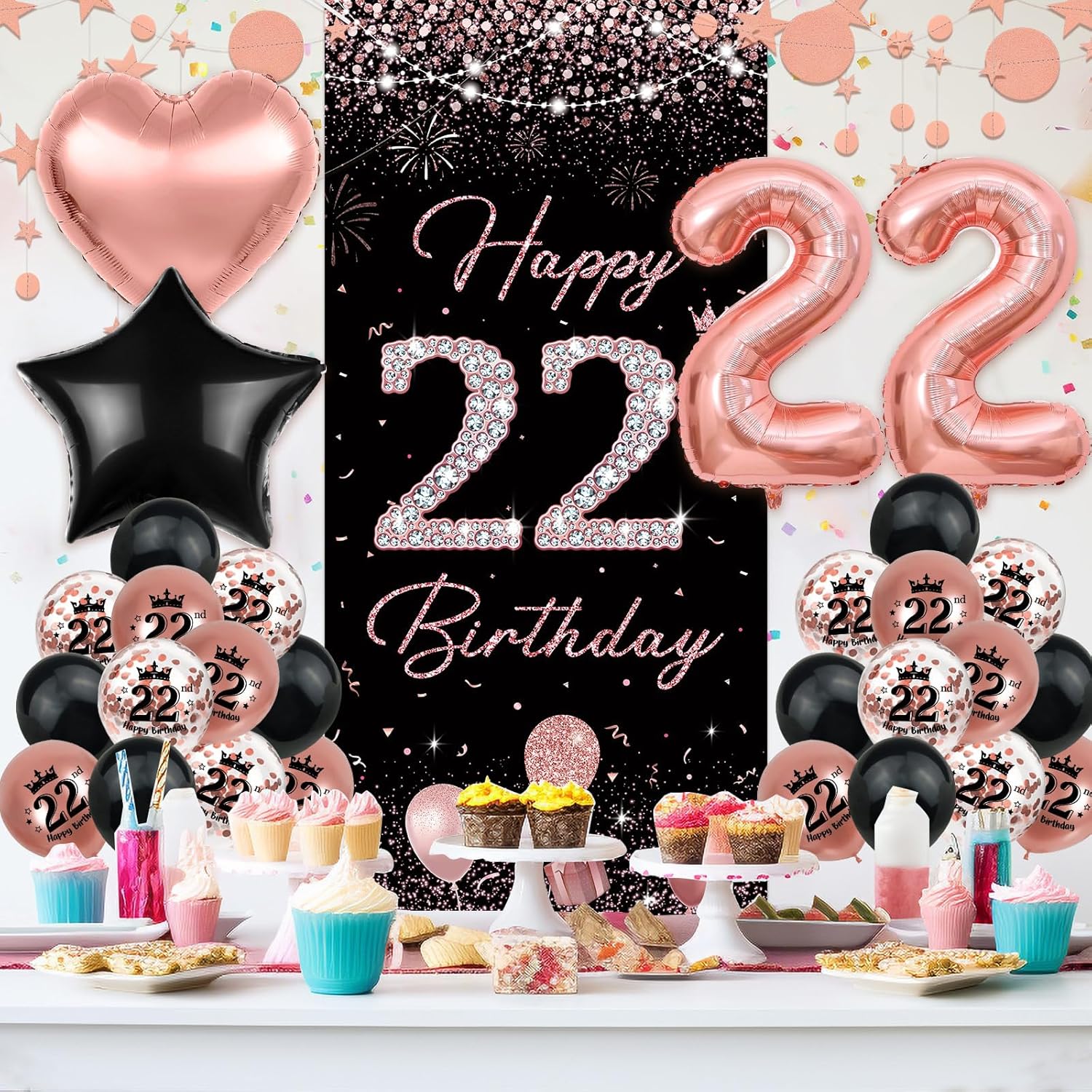 Rose Gold 22nd Birthday Decorations - Happy Birthday Banner, Backdrop, Balloons, Pompoms & Star Streamers - Image 3