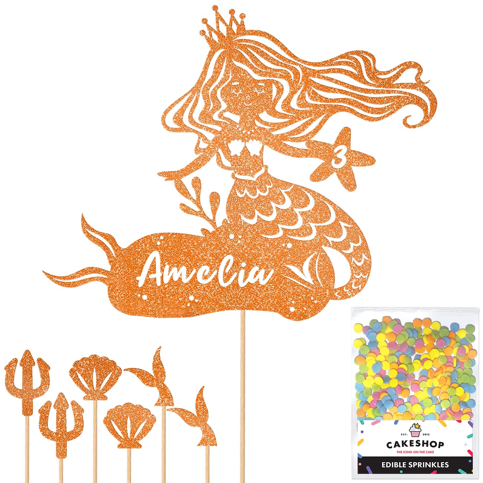 Personalised Birthday Mermaid Glitter Cake Topper- Copper Orange Any Custom Age & Name Glitter Cake Decoration and Sprinkles - Happy Birthday Decorations - Personalised Toppers for Cakes by Cakeshop — image 1