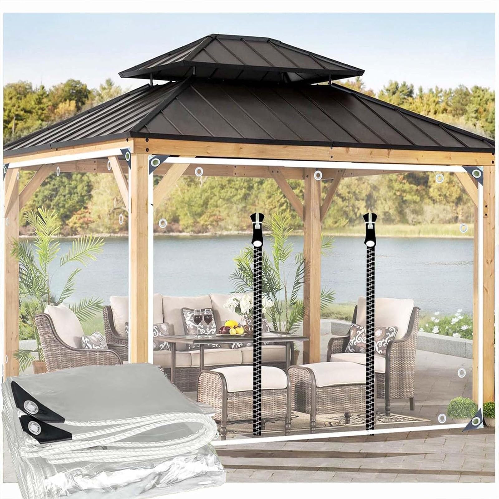 Telone Impermeabile in Plastica PVC con Occhielli e Cerniera, Pannelli Laterali in Telone Pieghevole Ideale Come Telone per Gazebo Portico (5x2m)