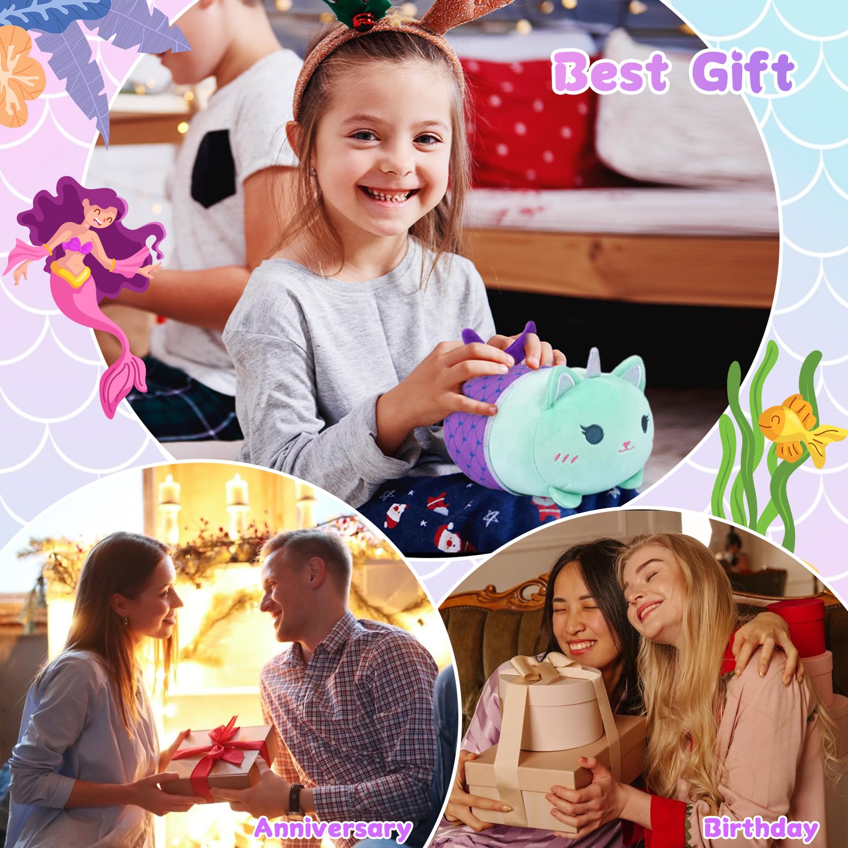 KOPHINYE Mermaid Cat Stuffed Animal,8 inch Cute Cat Plush Mermaid Stuffed Animal Soft Cartoon Cat Plush Pillow, Kawaii Plush Toy for Kids Girls Boys Birthday - Image 3