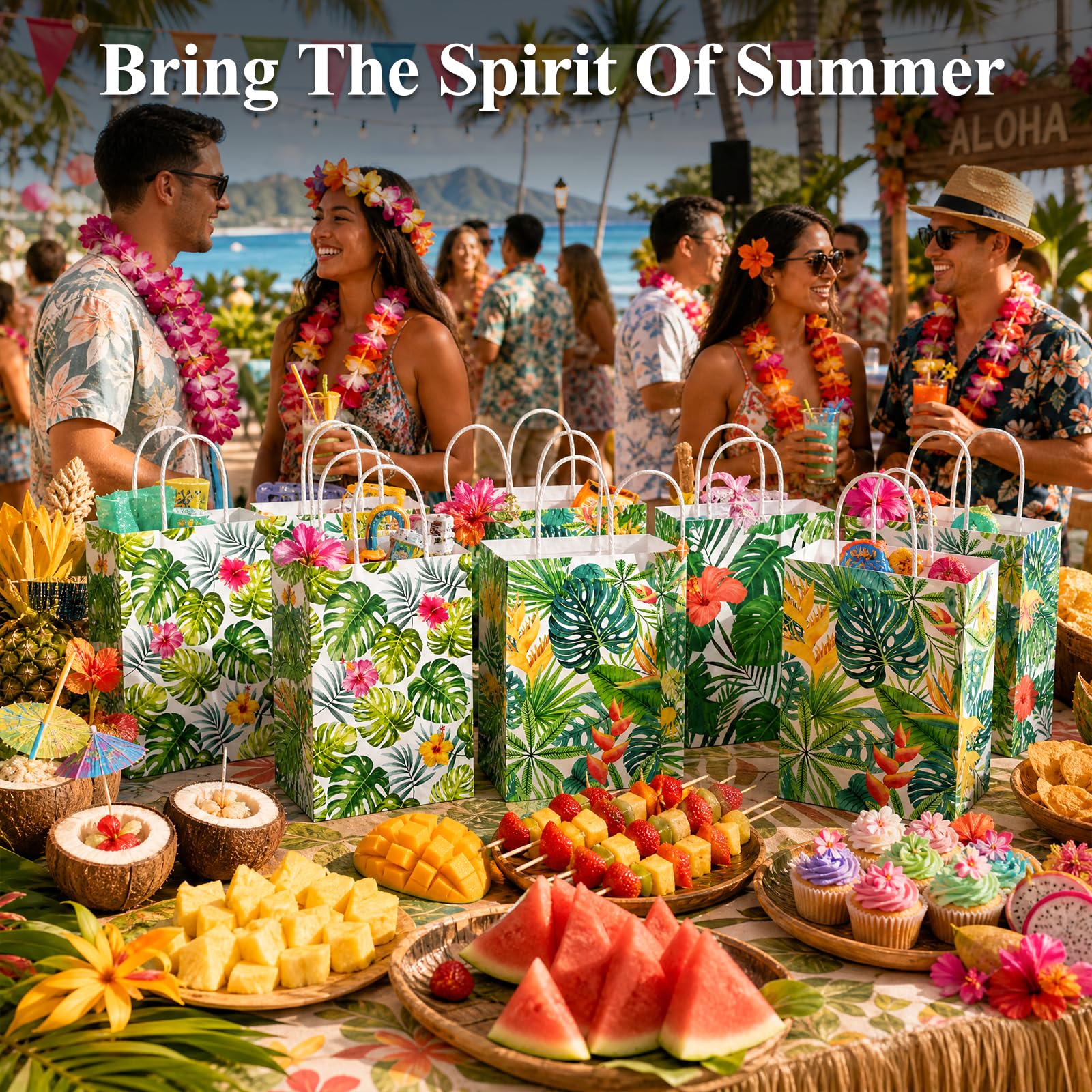 VGOODALL 24 Pack Party Favor Bags with Handles, 5.5" x 2.8" x 8" Hawaii Luau Goodie Treat Bags for Aloha Festival Beach Theme Birthdays Pool Parties Bulk Gift Packaging Supplies