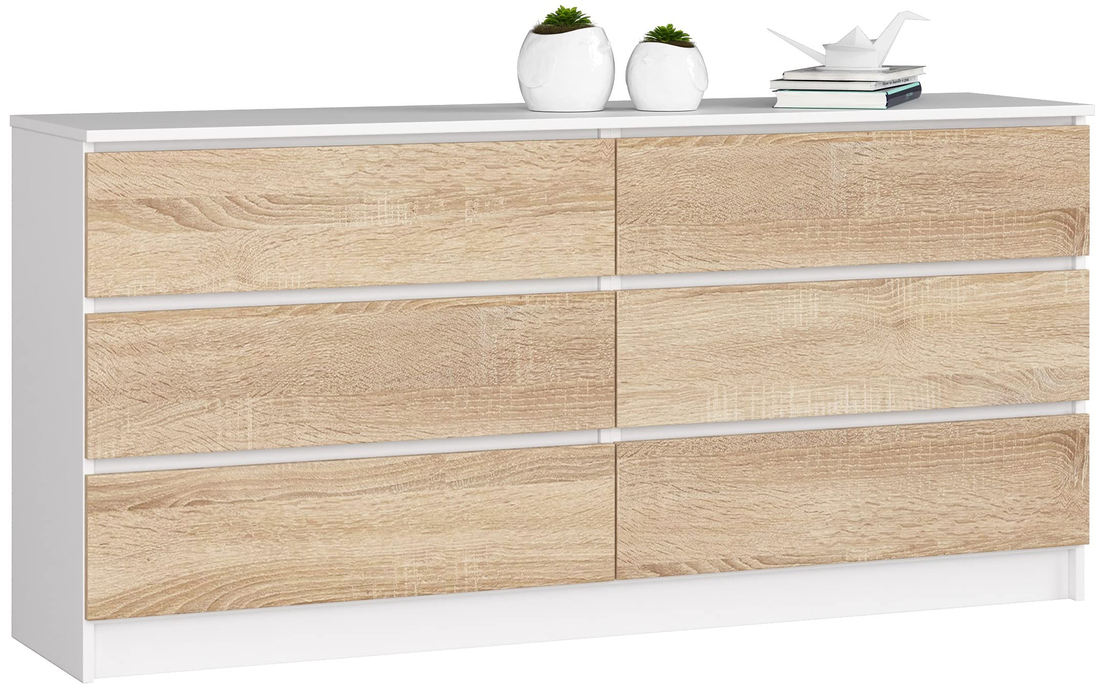 AKORD Cassettiera K 160 cm | 6 Cassetti (2 x 3) | Moderna Mobiletto per il soggiorno Camera da letto Armadio Soggiorno Bagno | Salvaspazio | 160 x 77 x 40 cm | Peso 70 kg |Bianco/Rovere Sonoma