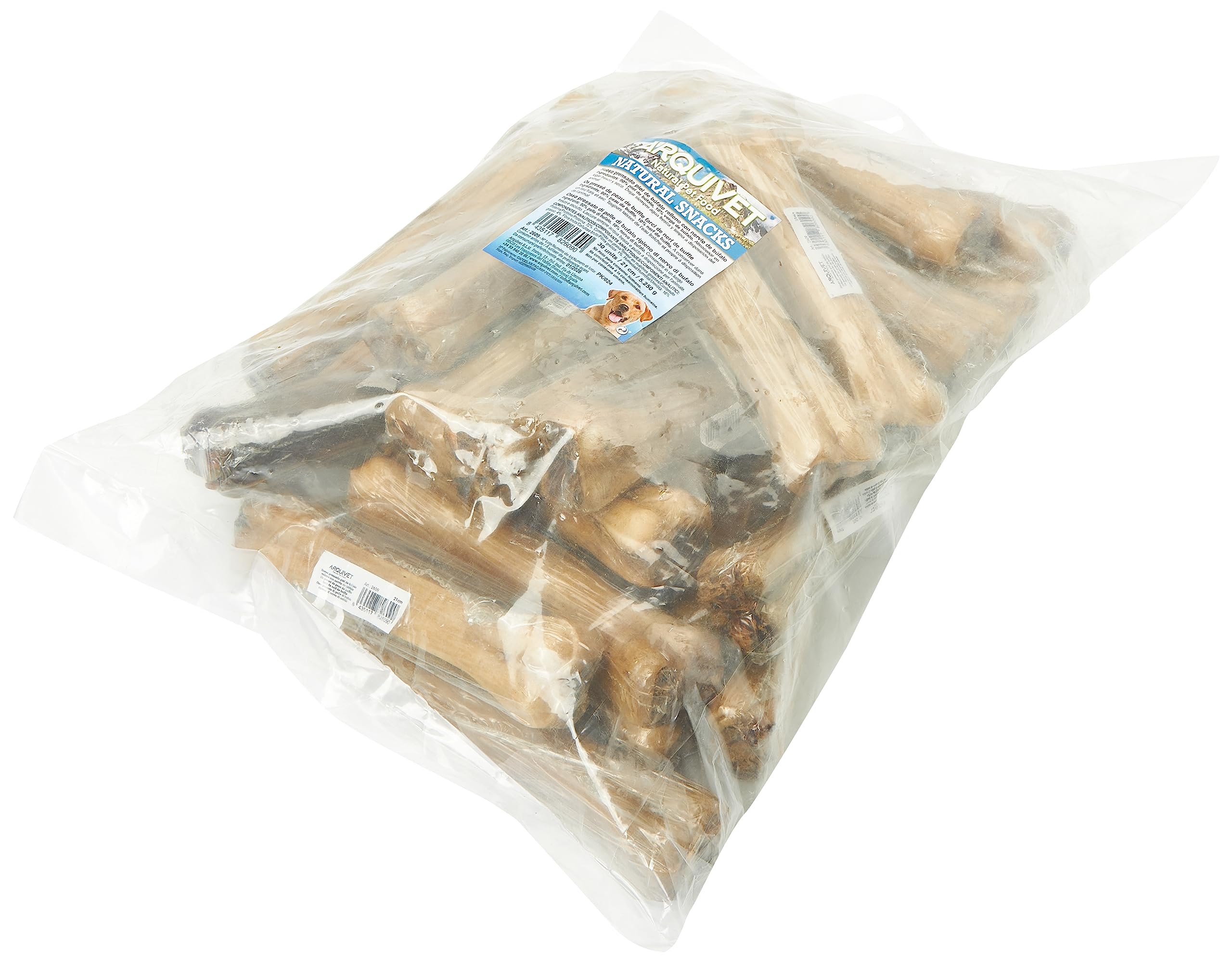 ARQUIVET Hueso prensado Piel de búfalo Relleno con nervio de búfalo - 21 cm - Bolsa de 30 Unidades - 5.250 g - Snack Natural para Perros