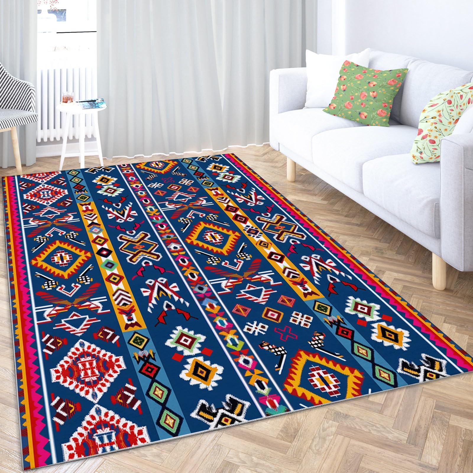 Tapis Salon 160x230cm Floral Géométrique Aztèque Tapis de Chambre Doux Moderne, Tapis Poils Ras Antidérapant, Tapis Rectangulaire, Moquette pour Enfants, Tapis De Couloir