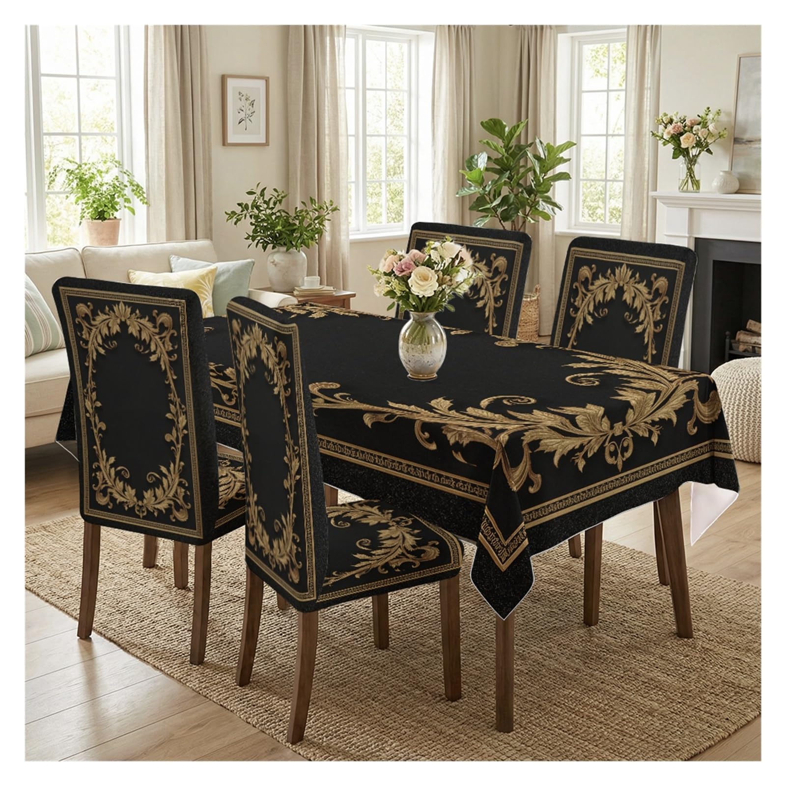 KXUAUV Black Gold Baroque Scroll Dining Chair Covers & Tablecloth Set, 5/7 Piece Luxury Slipcovers For Opulent Home Decor Party Decor(5pcs Set: Tablecloth+Chair Covers)