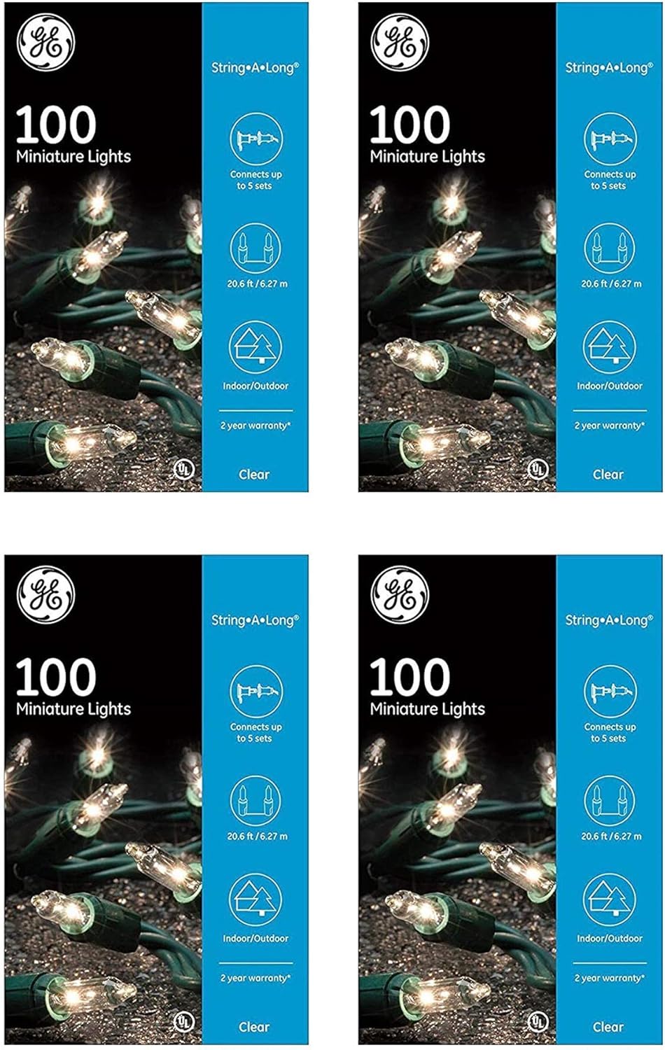 GE String A Long 100 Count Indoor / Outdoor Mini Clear White Holiday / Party Lights Set on Green Wire (4 Pack)