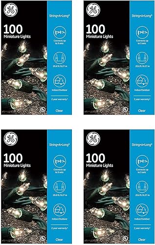 GE String A Long - Juego de 100 luces para interiores y exteriores, color blanco transparente, para vacaciones, fiestas, cable verde (paquete de 4)