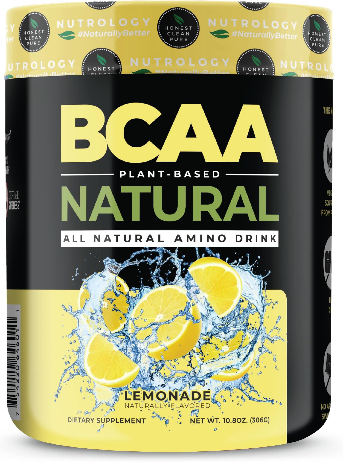 NutrologyBCAA Natural, Plant Based BCAA Powder, Lemonade Flavor, Optimized 2:1:1 Ratio Amino Acids Powder, Post Workout Recovery Drink Vegan BCAA Powder, Gluten-Free, Non-GMO, 30 Servings