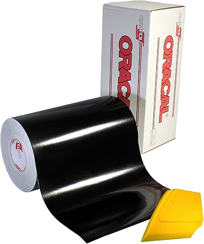ORACAL 651 Vinilo adhesivo negro brillante para manualidades, rollo grande de 12 pulgadas x 6.5 pies, incluye espátula para detalles