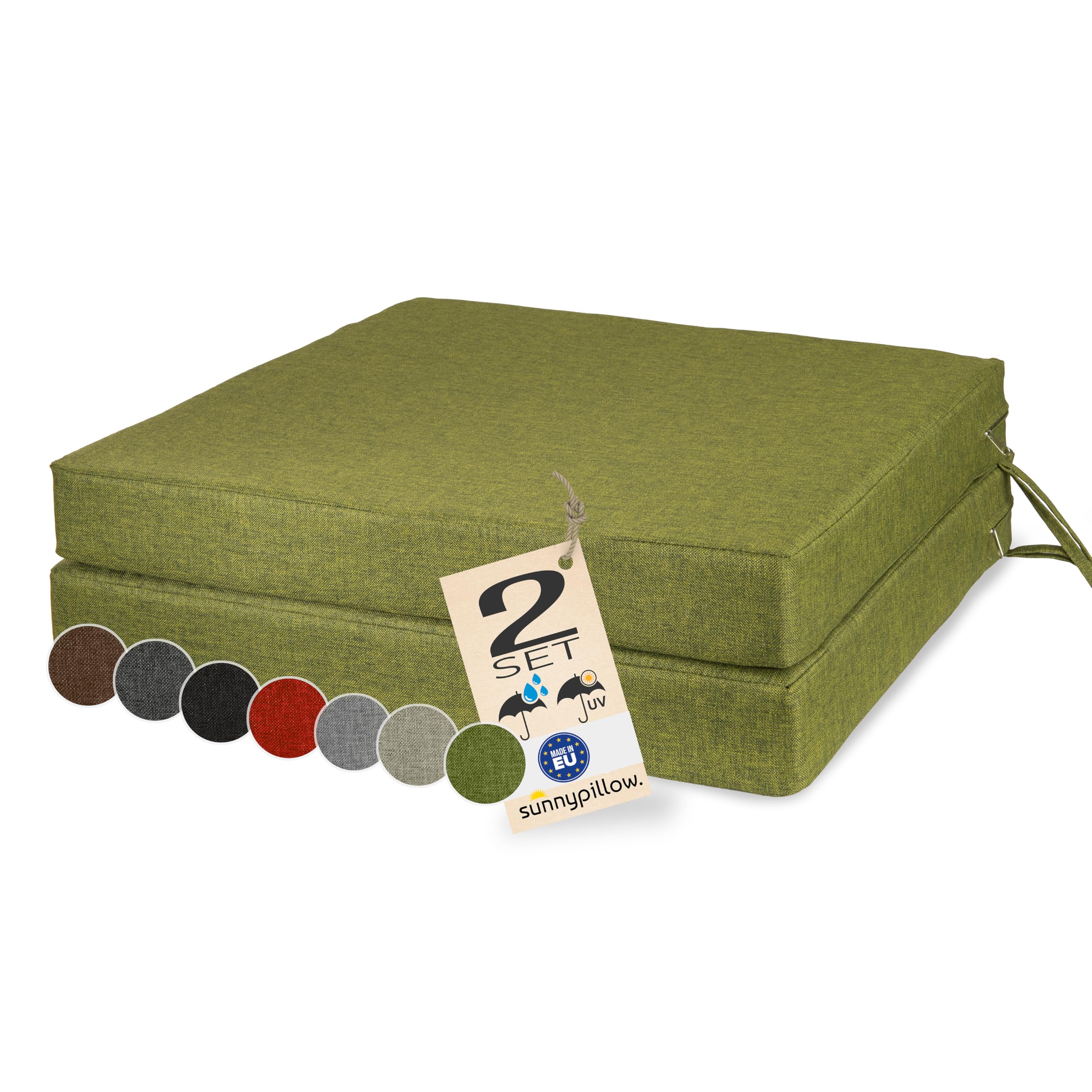 sunnypillow Lot de 2 Coussins de Chaise 50 x 50 x 7cm, Extérieur - imperméables résistants aux UV - Coussin d'assise pour bancs - Coussin de siège pour la Maison et Le Jardin - Vert
