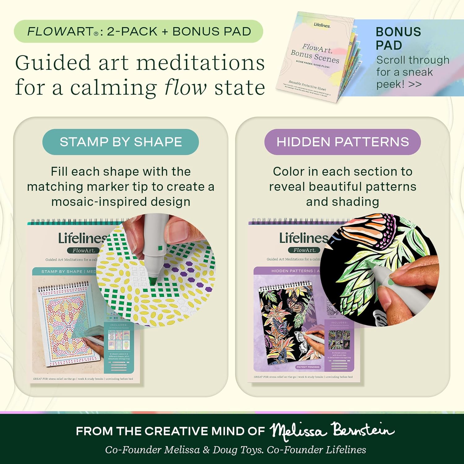 Lifelines FlowArt Activity Pads, 2-Pack with 8 Double-Sided Markers, 40 Scenes & Bonus Pad - Guided Dot Art Meditations - Stamp-by-Shape & Hidden Patterns Coloring Books for Tweens, Adults & Seniors