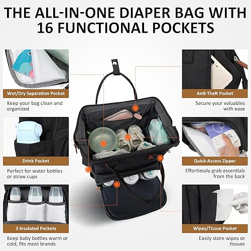 Miniatura 3 de Mochila para pañales para bebé, niña, niño, viaje, diseño unisex con funda para chupete, bolsillo para robo, cambiador, regalos de baby shower para