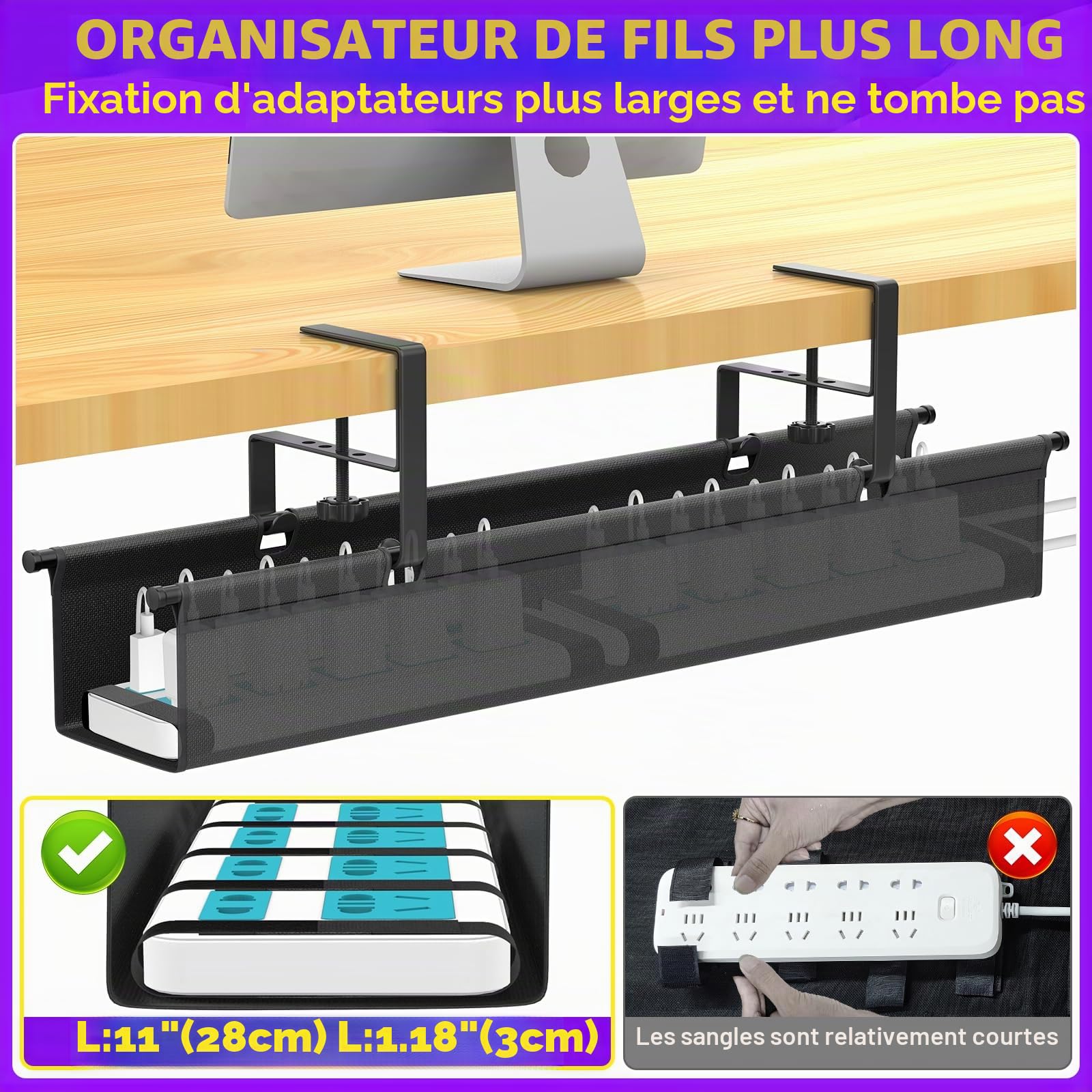 REFLYING Câbles Management de 74cm, Range Câbles Bureau sans Perçage, Cache Câbles à Pince Réglable, Boite Rangement Câbles pour Table Debout, Passe Câbles pour Bureau ou Maison, Noir