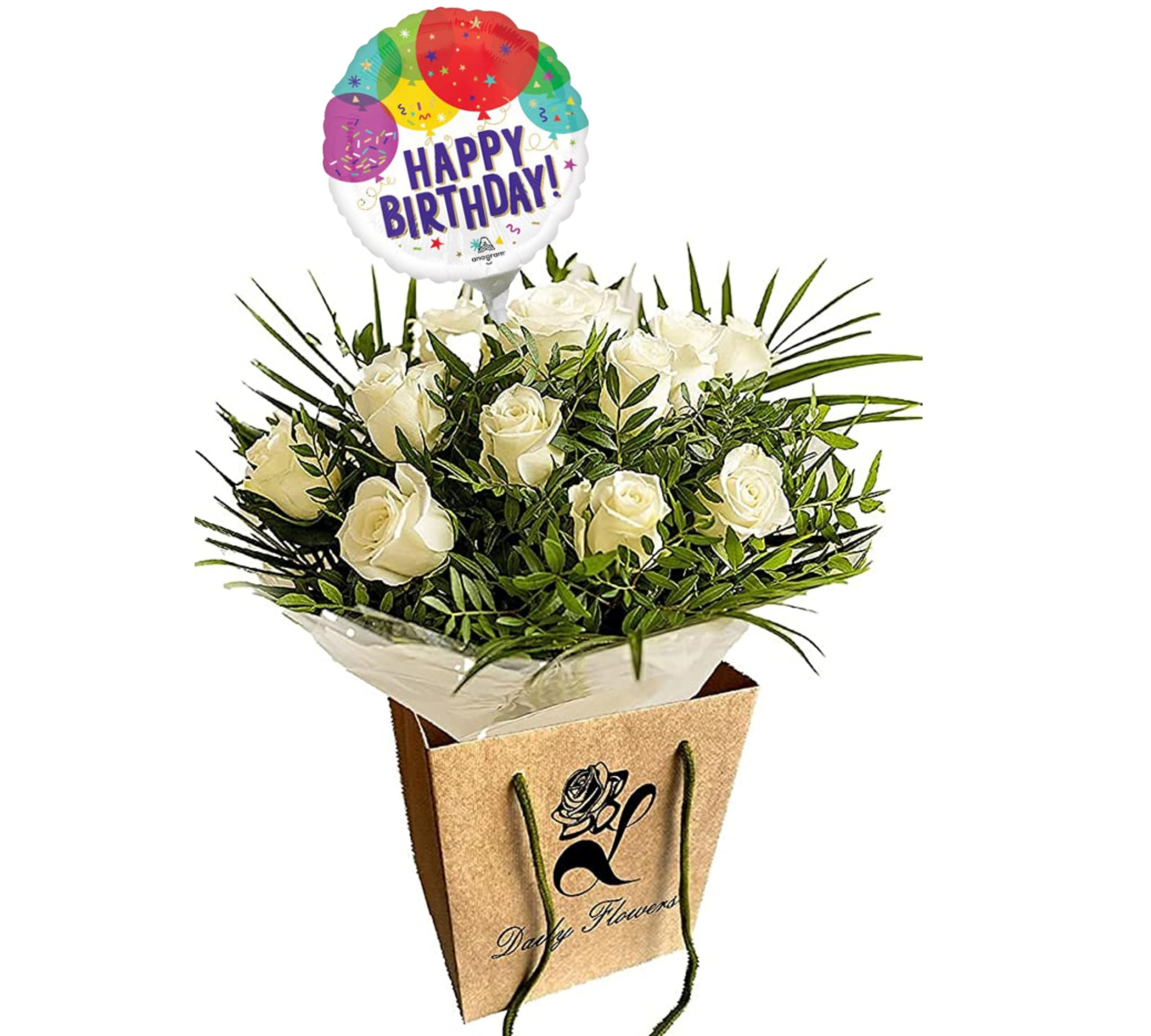 Pure Delight White Roses Bouquet – Fresh Cut Flowers for Birthdays, Anniversaries, Bridal, Get Well, Thank You, Sympathy, Celebrate Occasions – Seasonal Arrangement (Birthday Balloon)