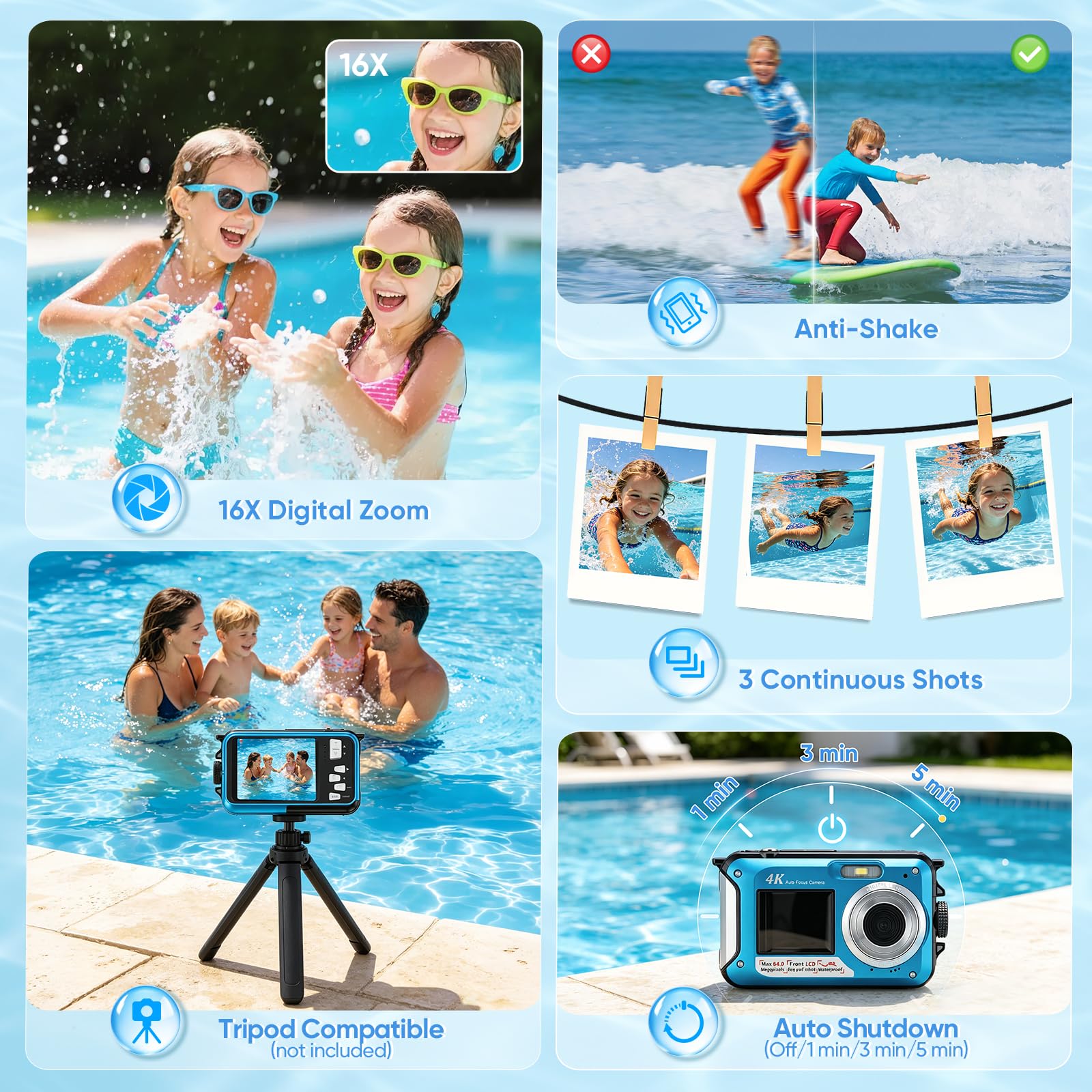 Fotocamera subacquea da 64 MP con messa a fuoco automatica e video 4K, IP68 impermeabile fino a 4,9 m, fotocamera digitale con scheda da 32 GB, doppio display, zoom 16X per snorkeling, blu