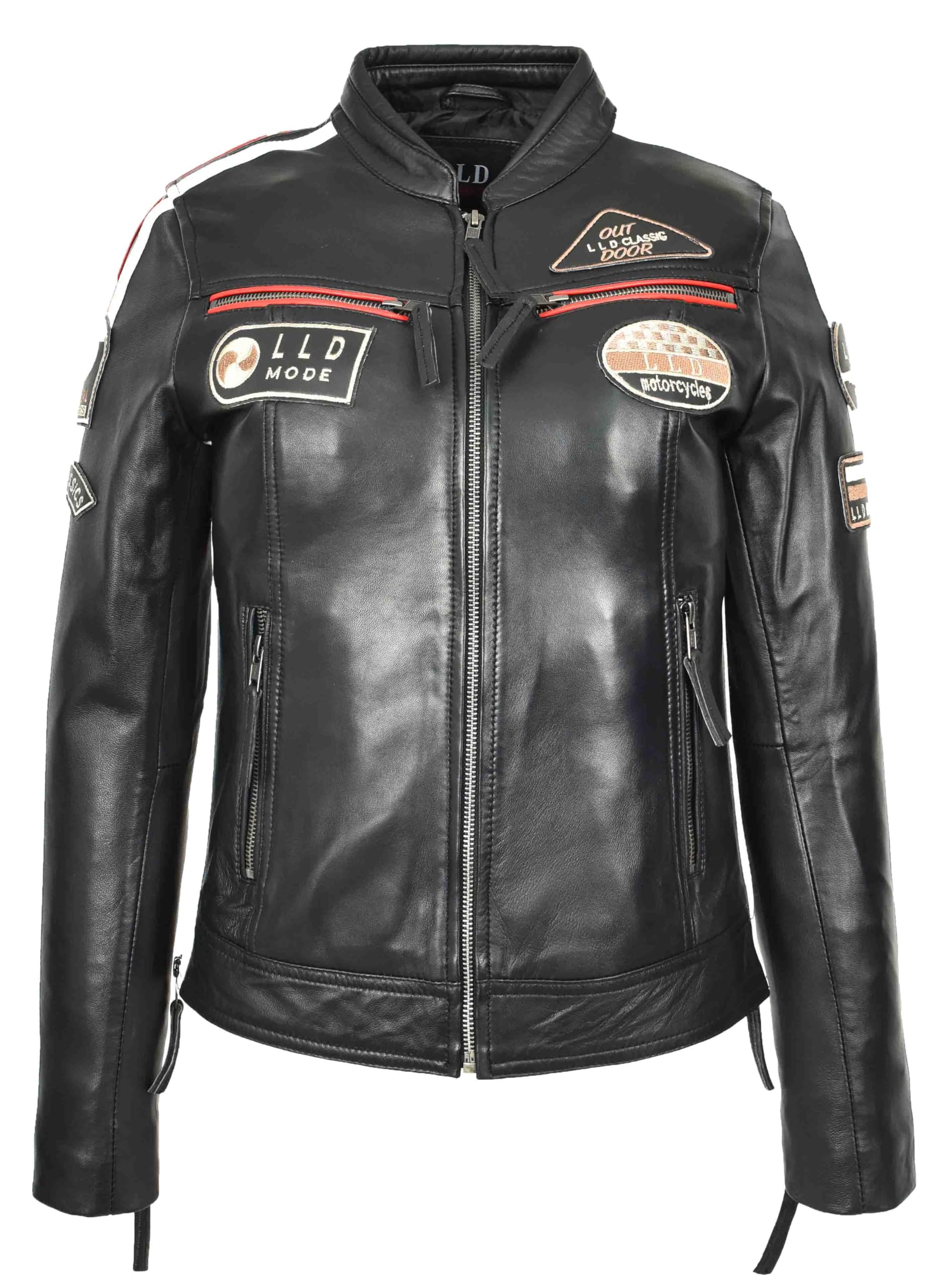 House Of Leather Women's Black Cafe Racer Biker Jacket Retro Motorcycle Badges Leather Coat Rosa (Uk, Numeric, 16, Regular, Regular, )