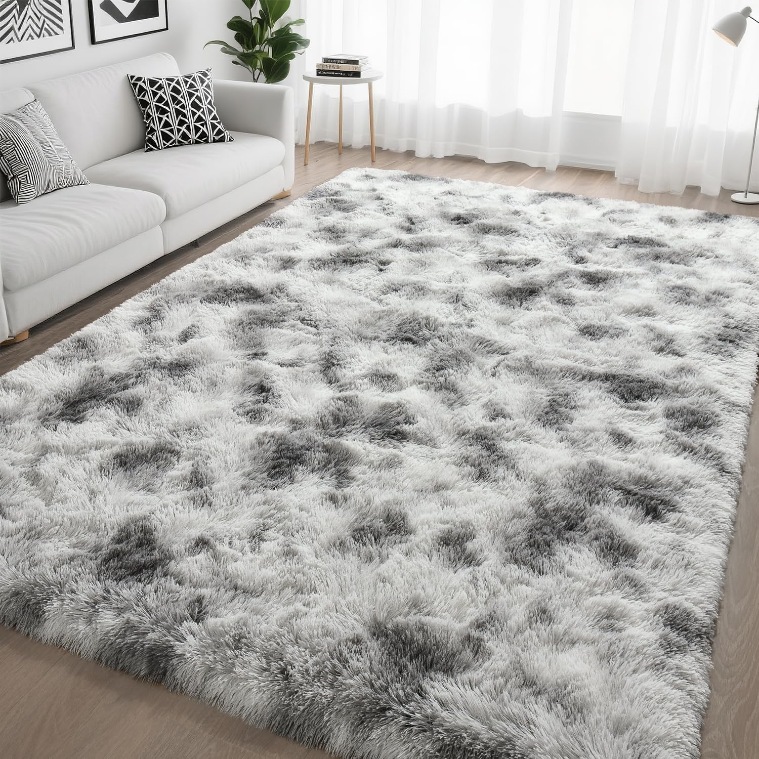 HQAYW 5x8 Fluffy Tie-Dyed Grey White Area Rugs for Living Room Bedroom, Ultra Soft Plush Shaggy Bedside Rug, Non-Slip and Machine Washable Carpet for Kids Girls and Boys, Dorms, Nursery, Home Decor 5' x 8' (Rectangular) Tie-dye Grey & Snow-white