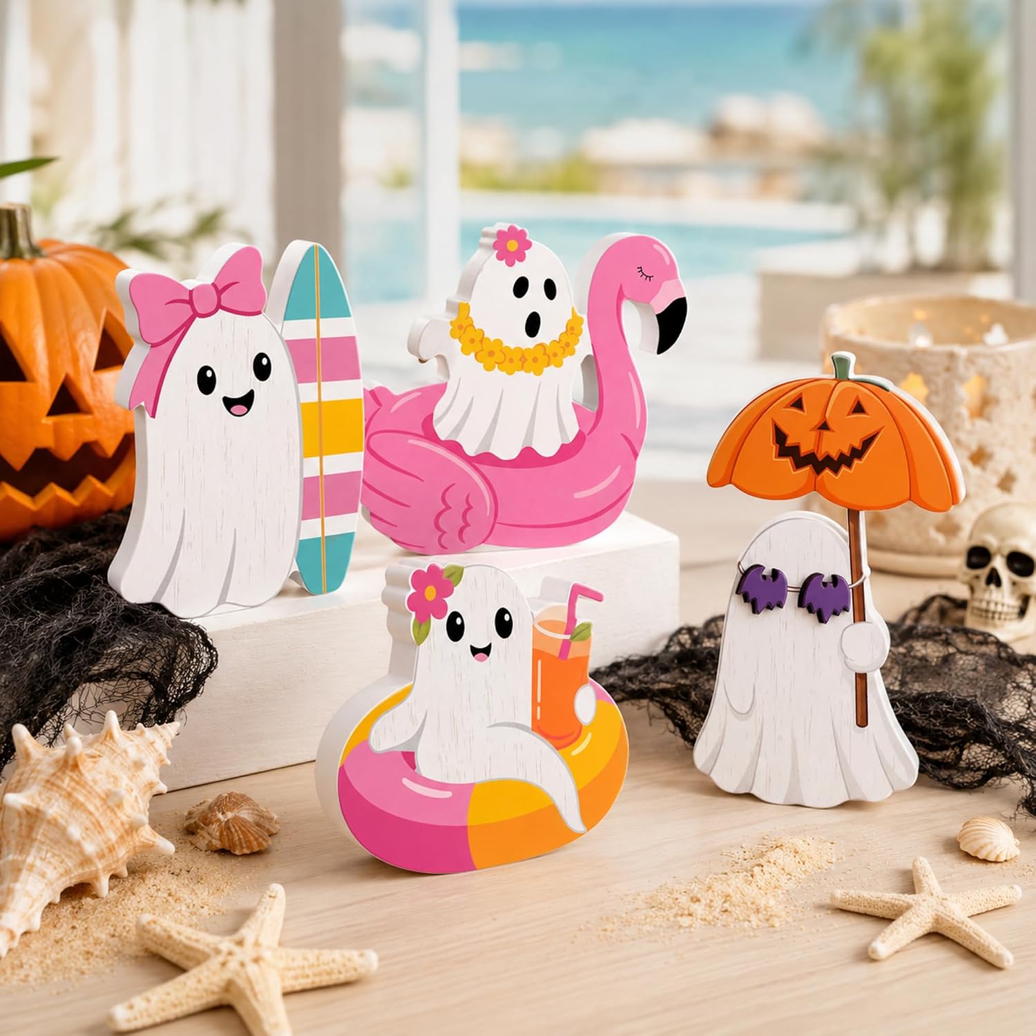 Novabright 4 Pcs Summer Halloween Ghost Wooden Signs Spooky Tiered Tray Decor with Flamingo Pumpkin Umbrella Pastel Table Centerpiece for Halloween in July Decorations Tabletop Party Supplies
