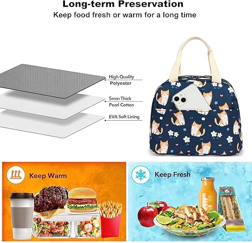 Miniatura 4 de Bolsa de almuerzo para niñas y mujeres, reutilizable, aislada, lonchera para escuela, trabajo, picnic (gato)