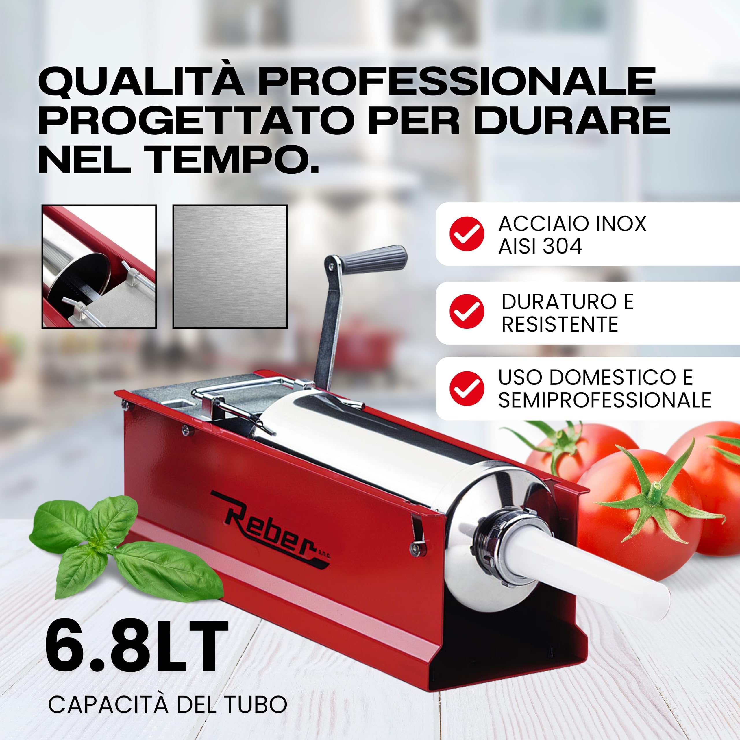 Reber Insaccatrice Manuale per Salsicce 6,8L/8KGS Orizzontale a 2 Velocità | Uso Domestico e Professionale - Struttura Robusta Acciaio INOX - Spelucchino cm. 7,5 e 4 Imbuti Inclusi