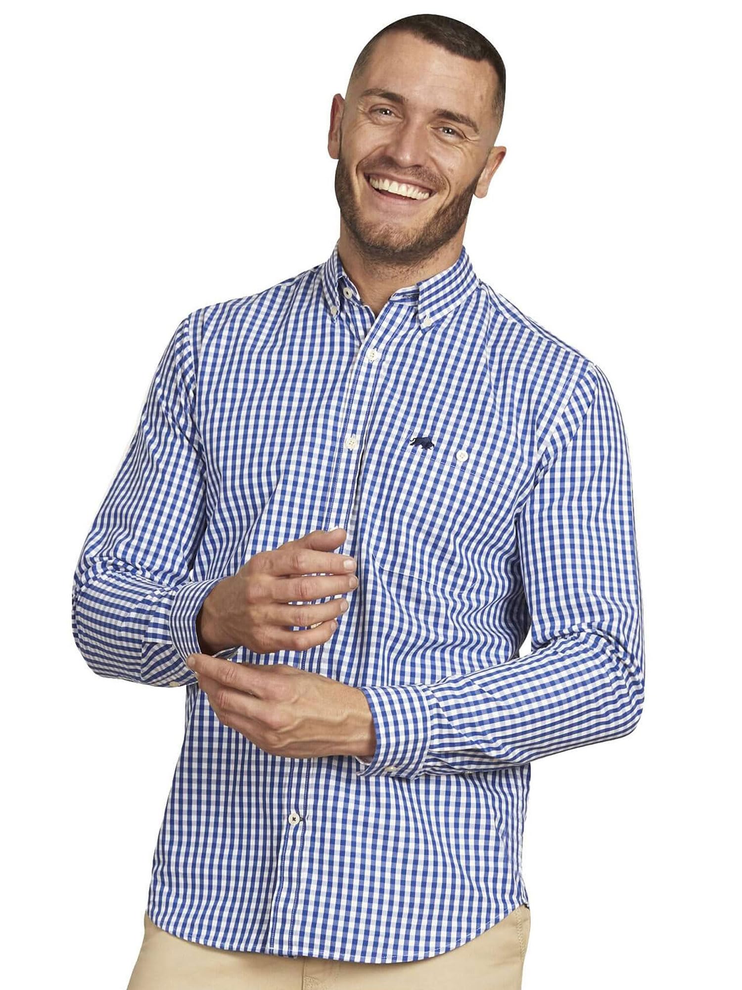 Raging Bull Mens Navy Gingham Embroidered Logo Classic Long-Sleeved Button-Down Shirt 4XL