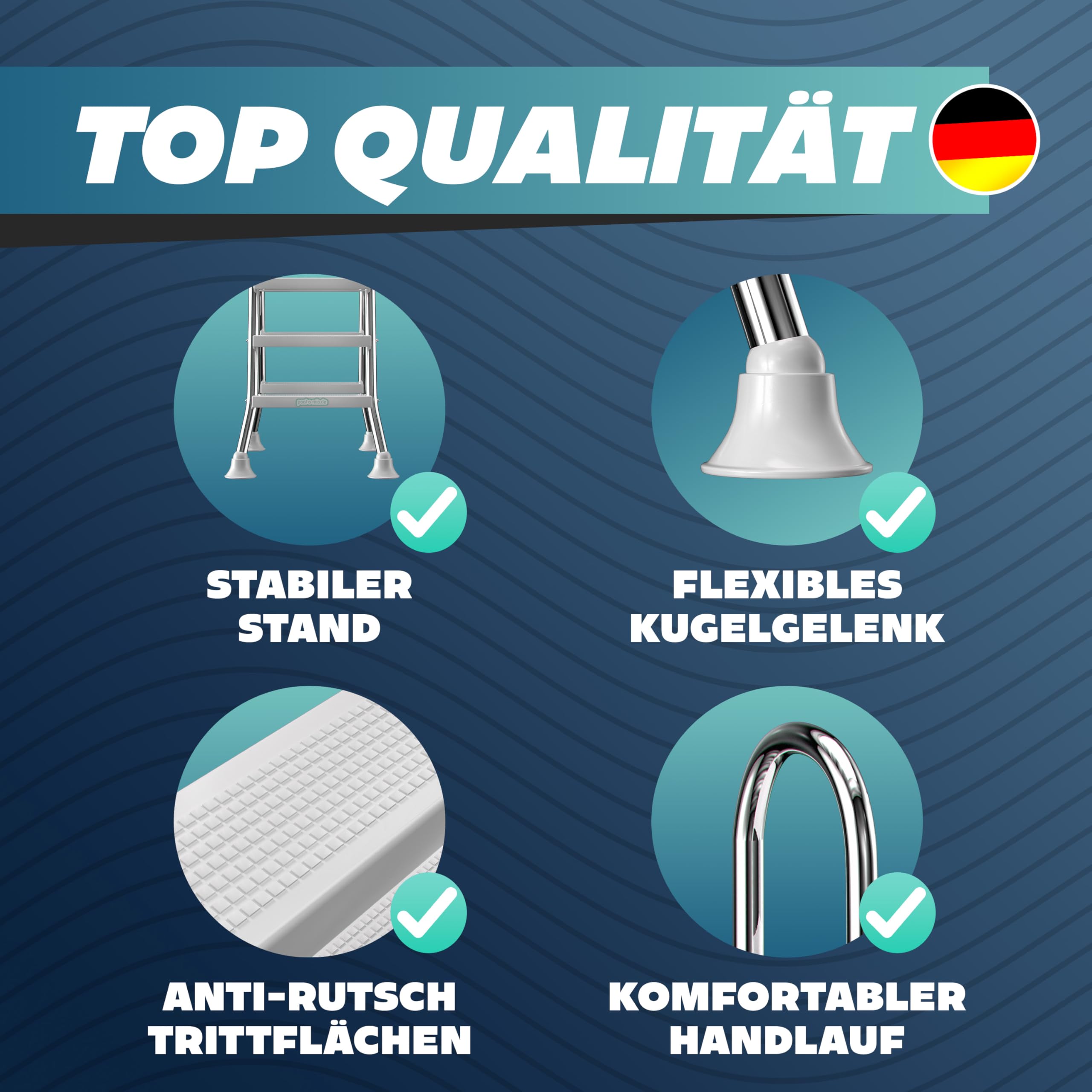 poolomio® Drabina basenowa ze stali nierdzewnej z poręczą do 140 cm, drabina wejściowa z 4 stopniami do basenów rozkładanych do 1,40 m wysokości, bezpieczne wejście, trwała, stabilna, nośność 150 kg