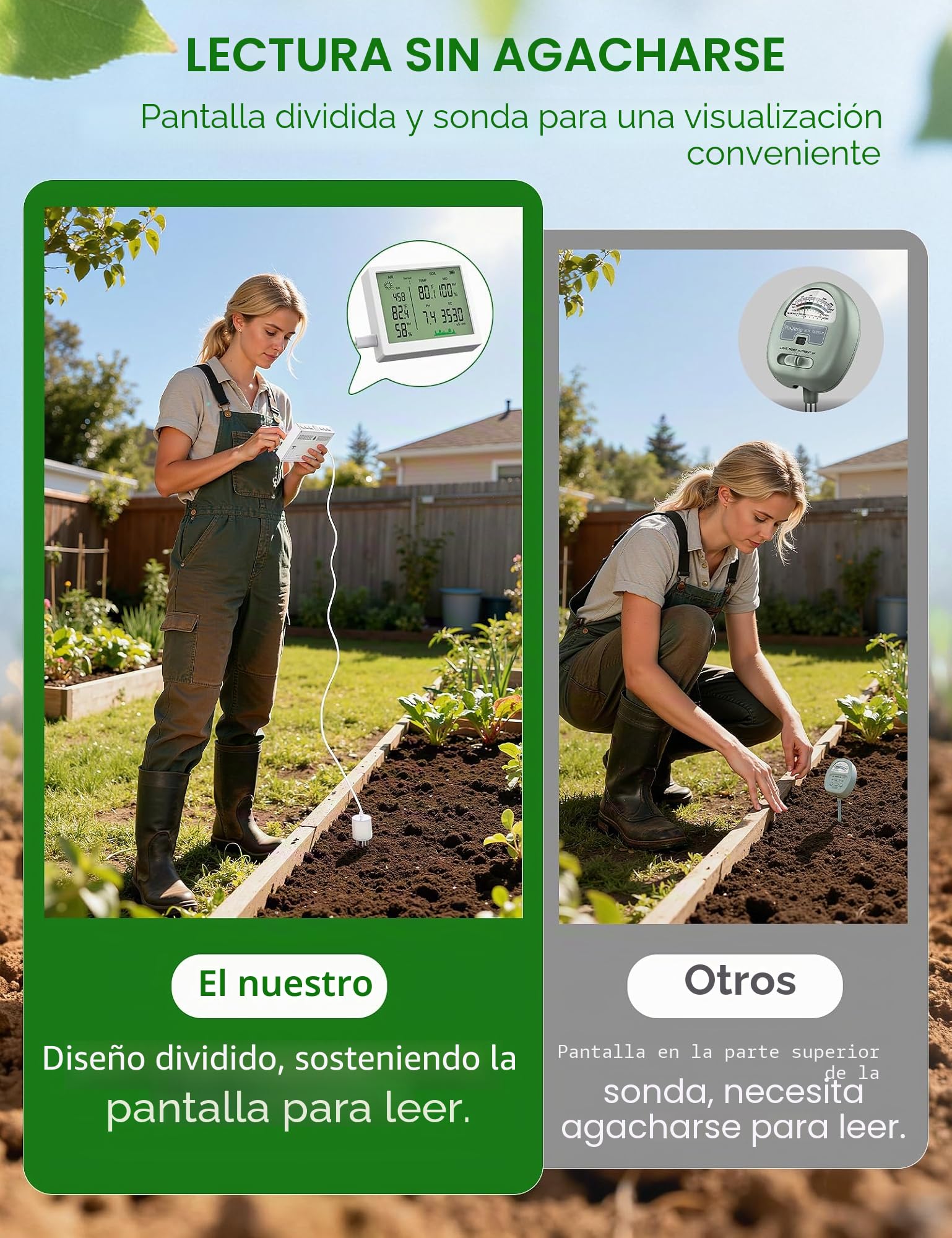 EXTSUD 7 en 1 Medidor de Suelo, Higrómetro de Suelo/Temperatura de Suelo/Luz Solar/Medidor de Fertilidad/pH/Humedad Ambiental/Temperatura Ambiental, Medidor Humedad Plantas para Flores Granja Jardín