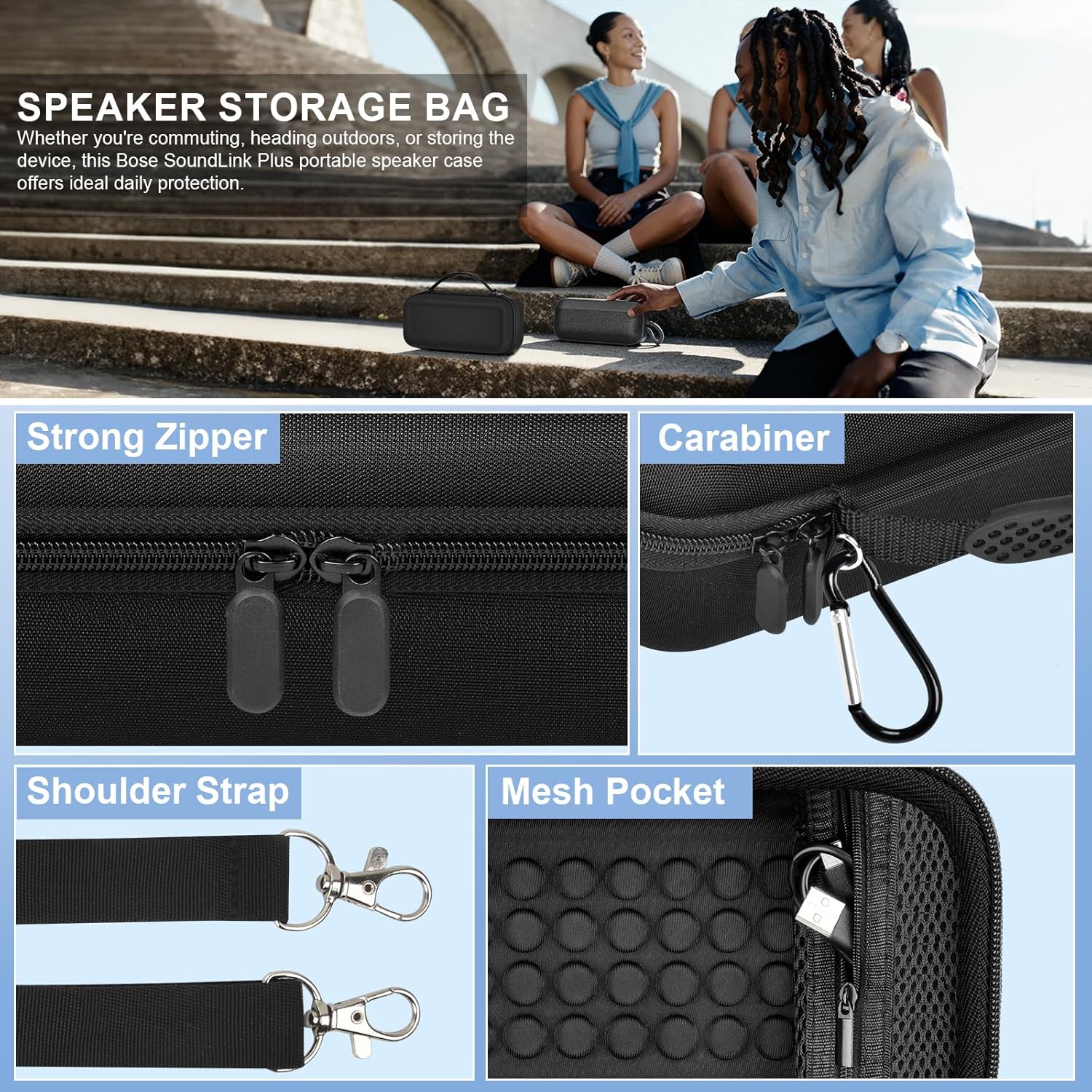Carrying Case Compatible with Bose SoundLink Plus Portable Bluetooth Speaker, Hard Travel Case with Mesh Pocket for Charging Cables & Accessories, Speaker Bag with Shoulder Strap & Carabiner(Box Only) - Image 4