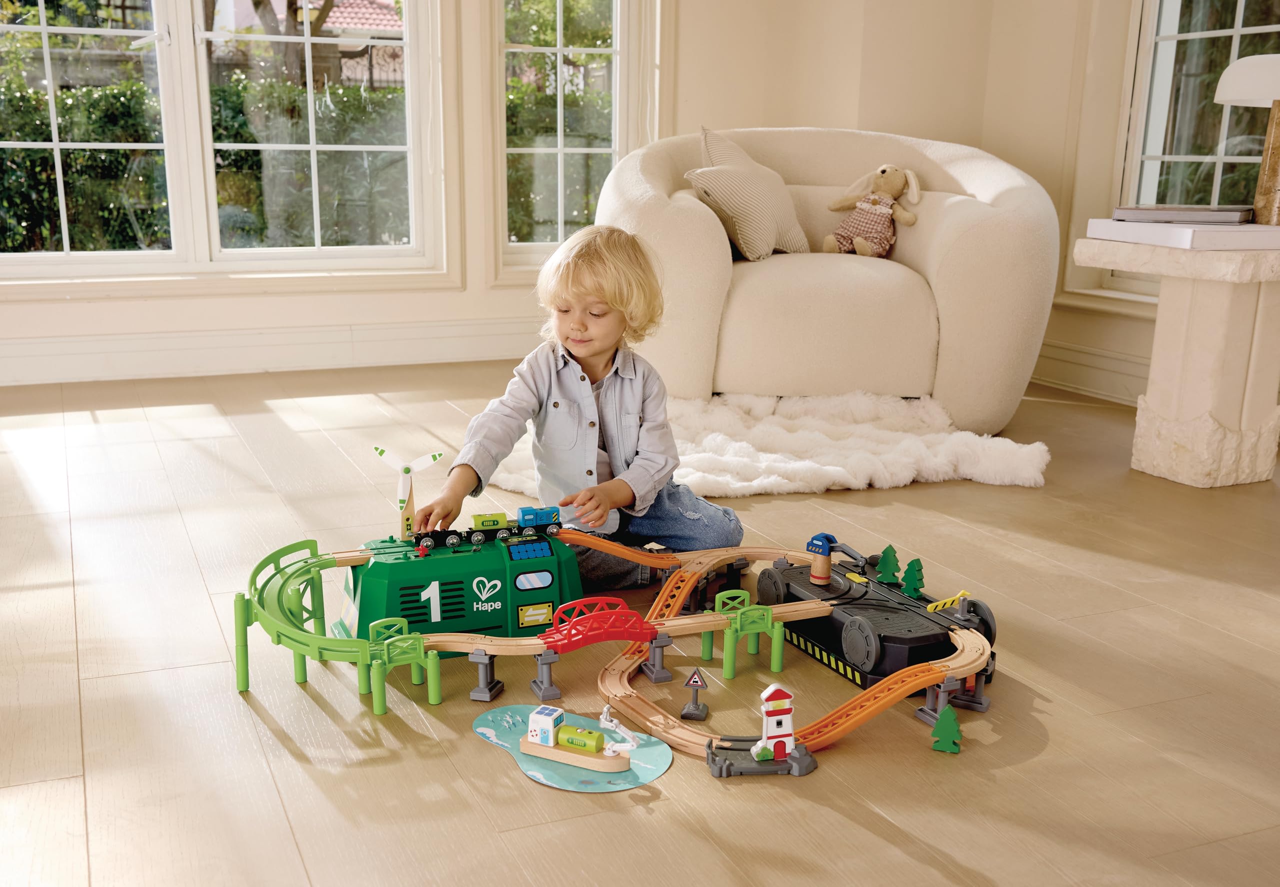 Hape Holzzug für Kinder, mit Solar- und Windenergie, Lernspielzeug für Erneuerungen, Set mit Schienen und Zubehör, umweltfreundlich, ab 3 Jahren