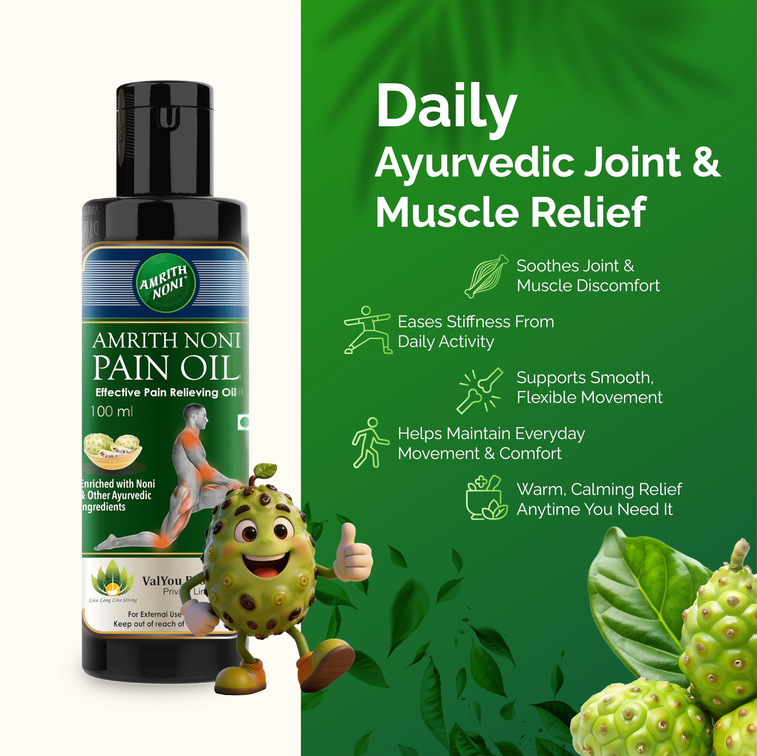Amrith Noni Pain Relief Pain Oil – Fast-Acting Ayurvedic Formula for Joint Pain, Muscle Pain, Headache & Body Ache – Herbal Natural Pain Oil – 100ml (Pack Of 2) 1