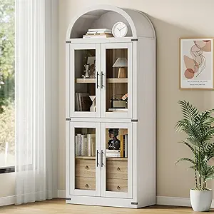 GarveeHome Arched Bookshelf with Doors and Drawers Farmhouse Bookcase 15.83in Depth Display Storage Shelves 71.4in Tall Wooden Display Cabinet Rounded Bookcases (White)