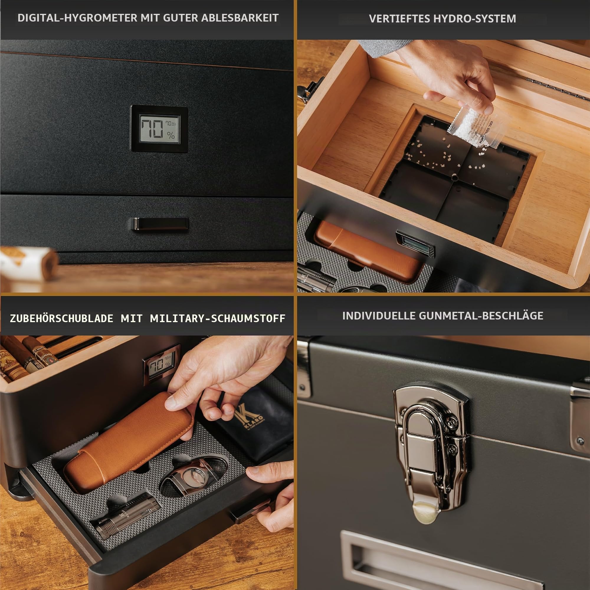 Case Elegance Black Edition Humidor mit Glasplatte und digitalem Hygrometer Front-Hygrometer, spanische Zeder, Zigarrenlösung, Hydro-System und Schaumstoffschublade für Zubehör für 50-100 | Digitales Hygrometer, spanische Zeder, Humidorlösung