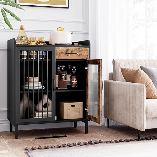 Miniatura 2 de Aparador de buffet moderno, armario de almacenamiento de cocina con estantes y puertas de vidrio, gabinete de buffet de metal con cajones, barra de