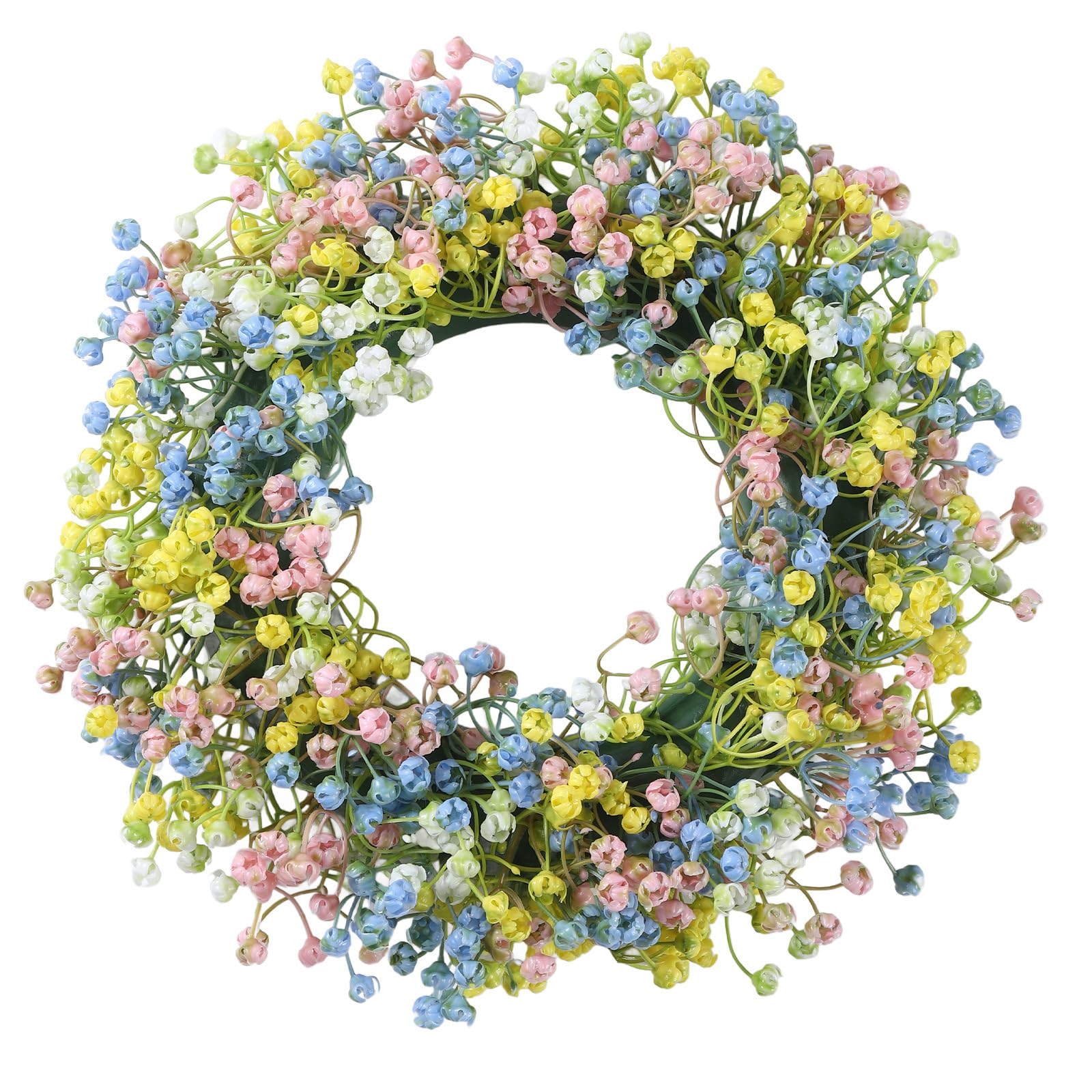 CALMUDHON 11.81 Inch Multicolor Artificial Baby Breath Wreath Faux Floral Wreath Front Door Wall Hanging Decor Spring Home Ornament
