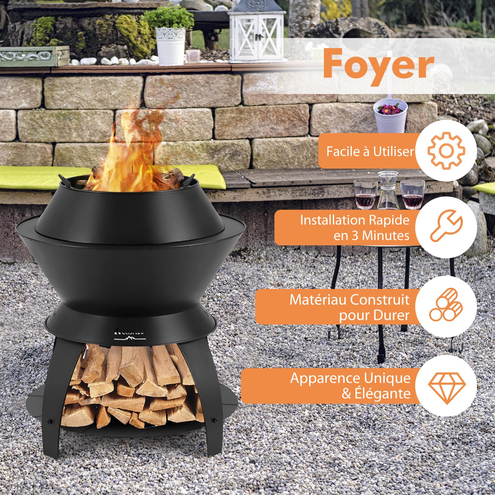 GYMAX Foyer Extérieur en Métal, Brasero Compact 3 en 1 avec Cendrier, Étagère Inférieure pour Rangement de Bûches, Trous pour Entrée d'air, pour Barbecue, Camping