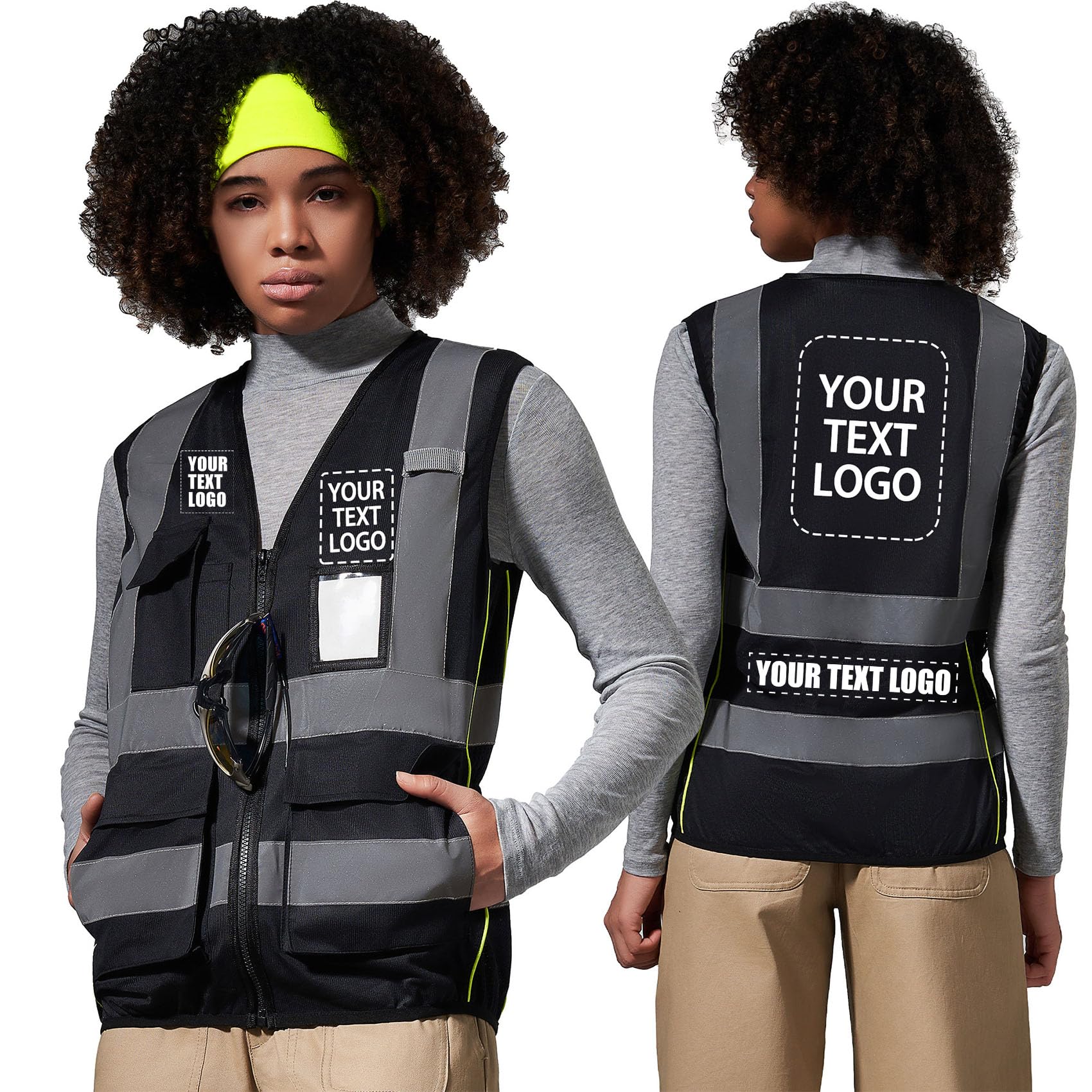 AYKRM personalised Black Women Hi Vis Vests Black High Visibility Reflective Safety Security Vest with Pockets zipper