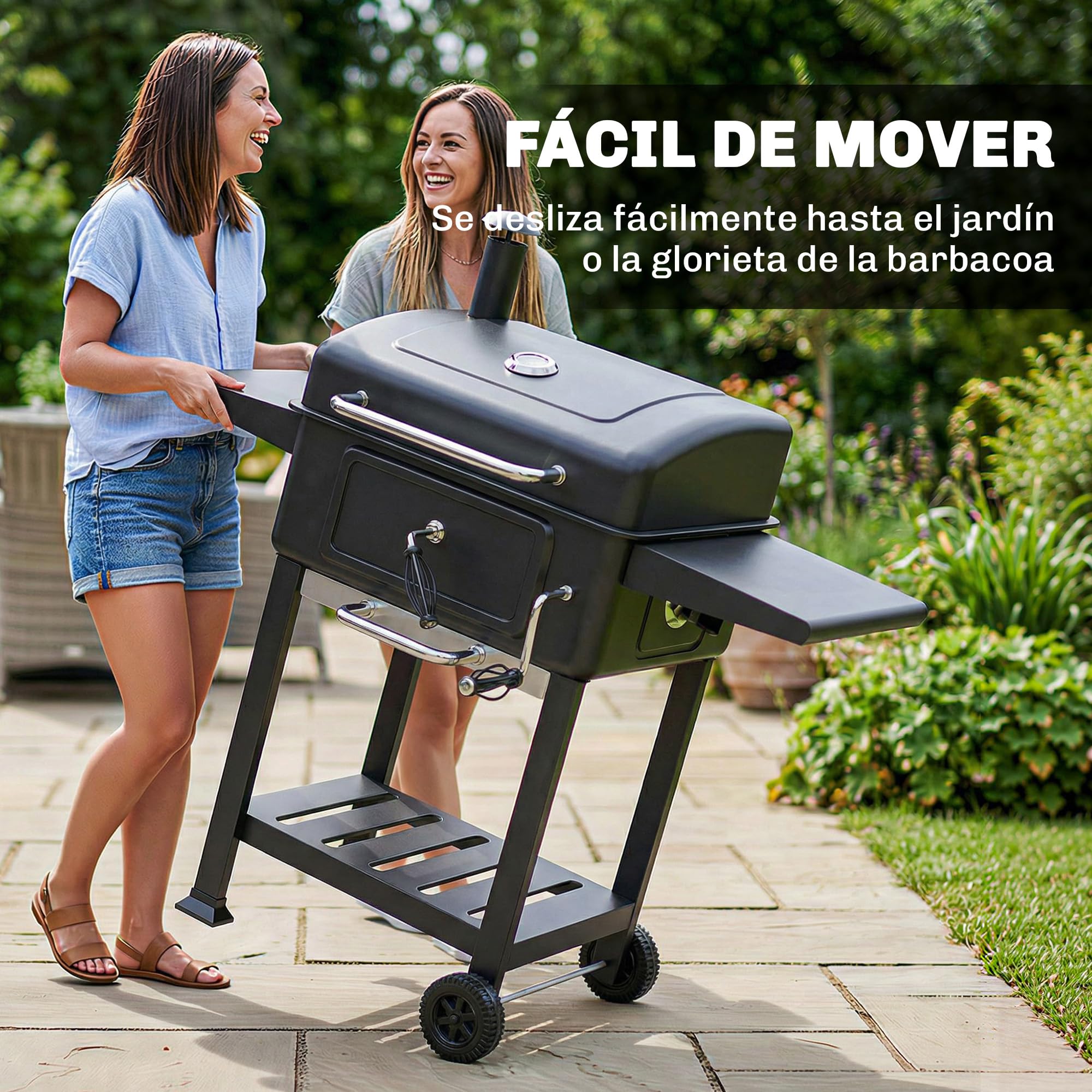 Outsunny Barbacoa de Carbón Portátil Gran Parrilla Termómetro Negro | Barbacoa de Carbón con Bandeja y Ventilación Ajustable, Estantes Laterales, Tapa, Chimenea, Cajón de Cenizas, Ruedas