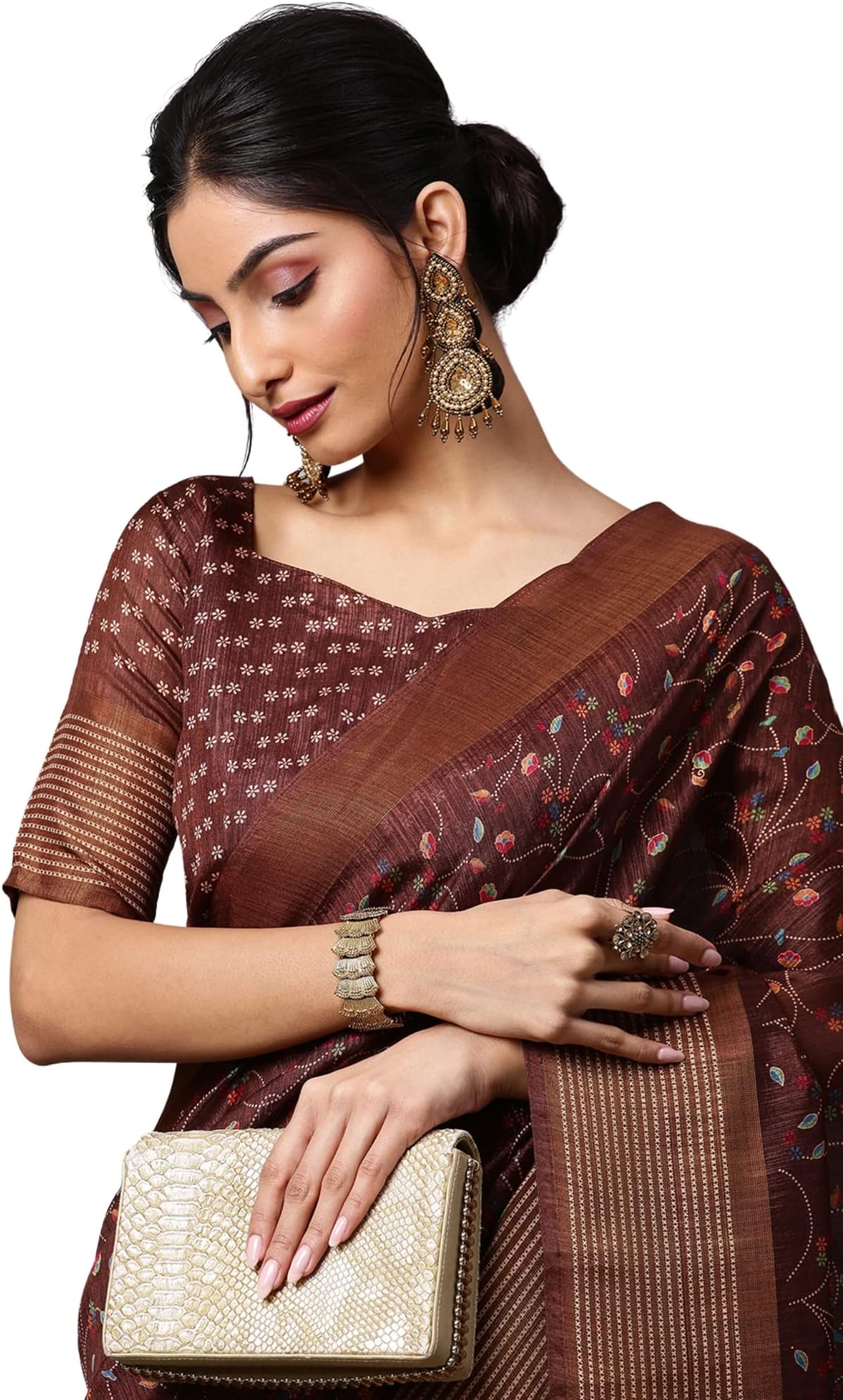AKHILAM Women's Linen Botanical Banarasi Saree with Unstitched Blouse Piece (Olive_CARA1_Parent)