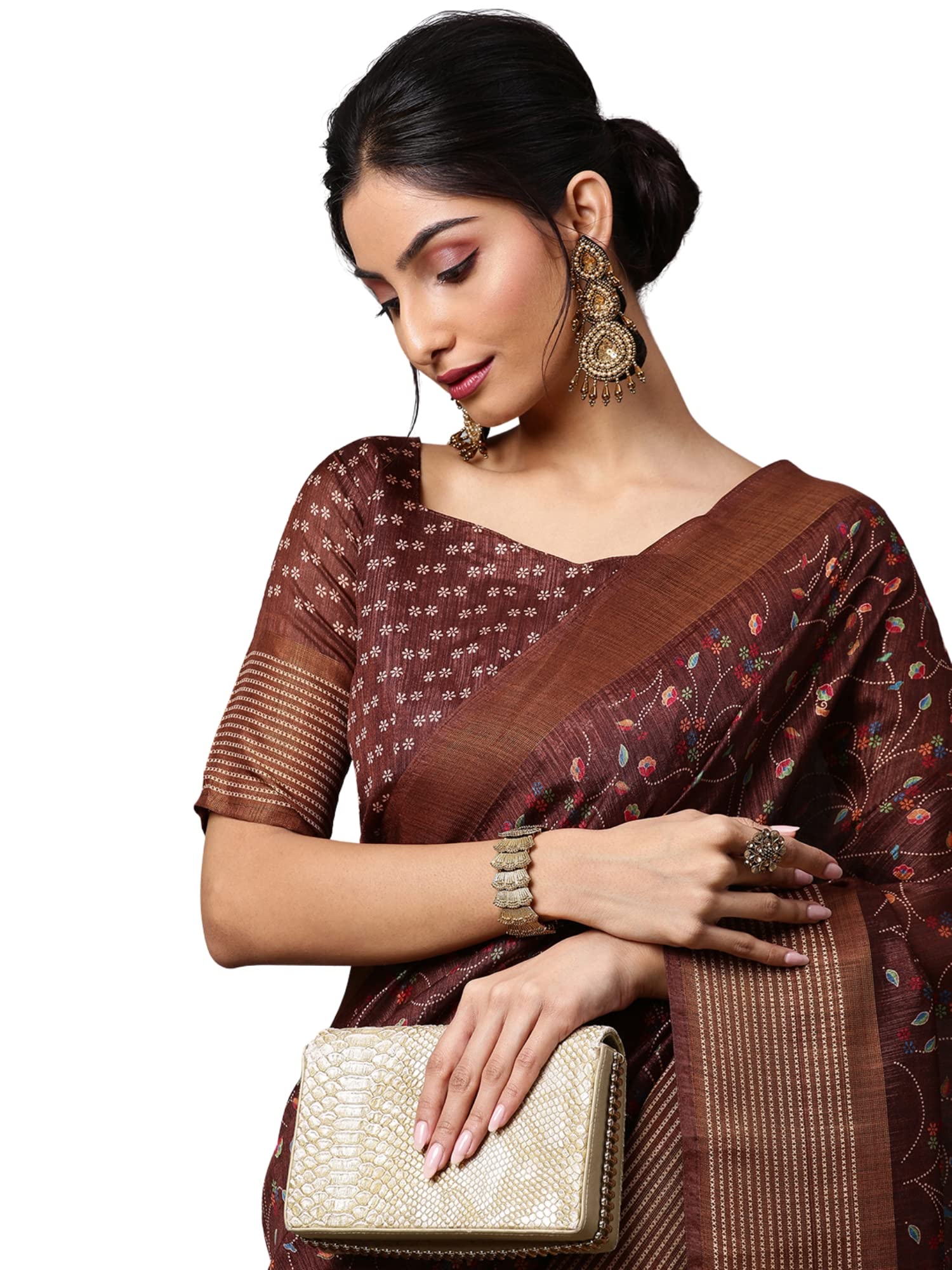 AKHILAM Women's Linen Botanical Banarasi Saree with Unstitched Blouse Piece (Olive_CARA1_Parent)