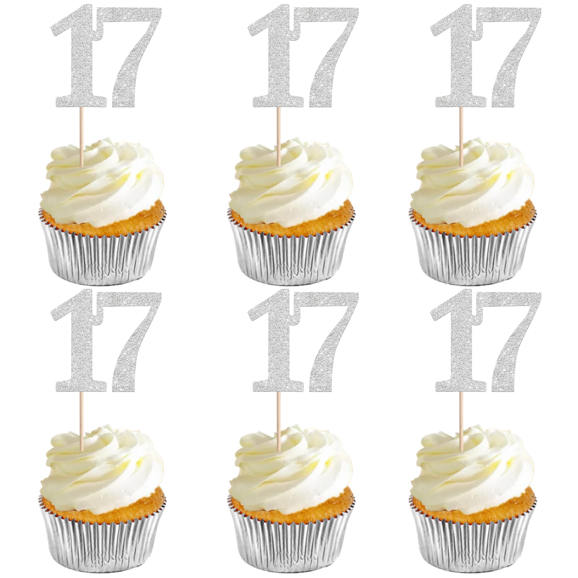 Xsstarmi 36 Pack Number 17 Cupcake Toppers Silver Glitter Cheers to 17 Years Birthday Cupcake Picks Decoration for Happy 17th Birthday Wedding Anniversary Party Cake Decorations